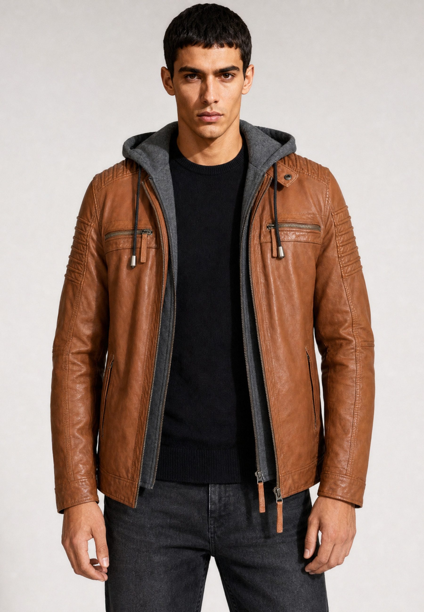 RICANO Lederjacke 12815 Hood Lederjacke mit abtrennbarer Kapuze und Kordelzug