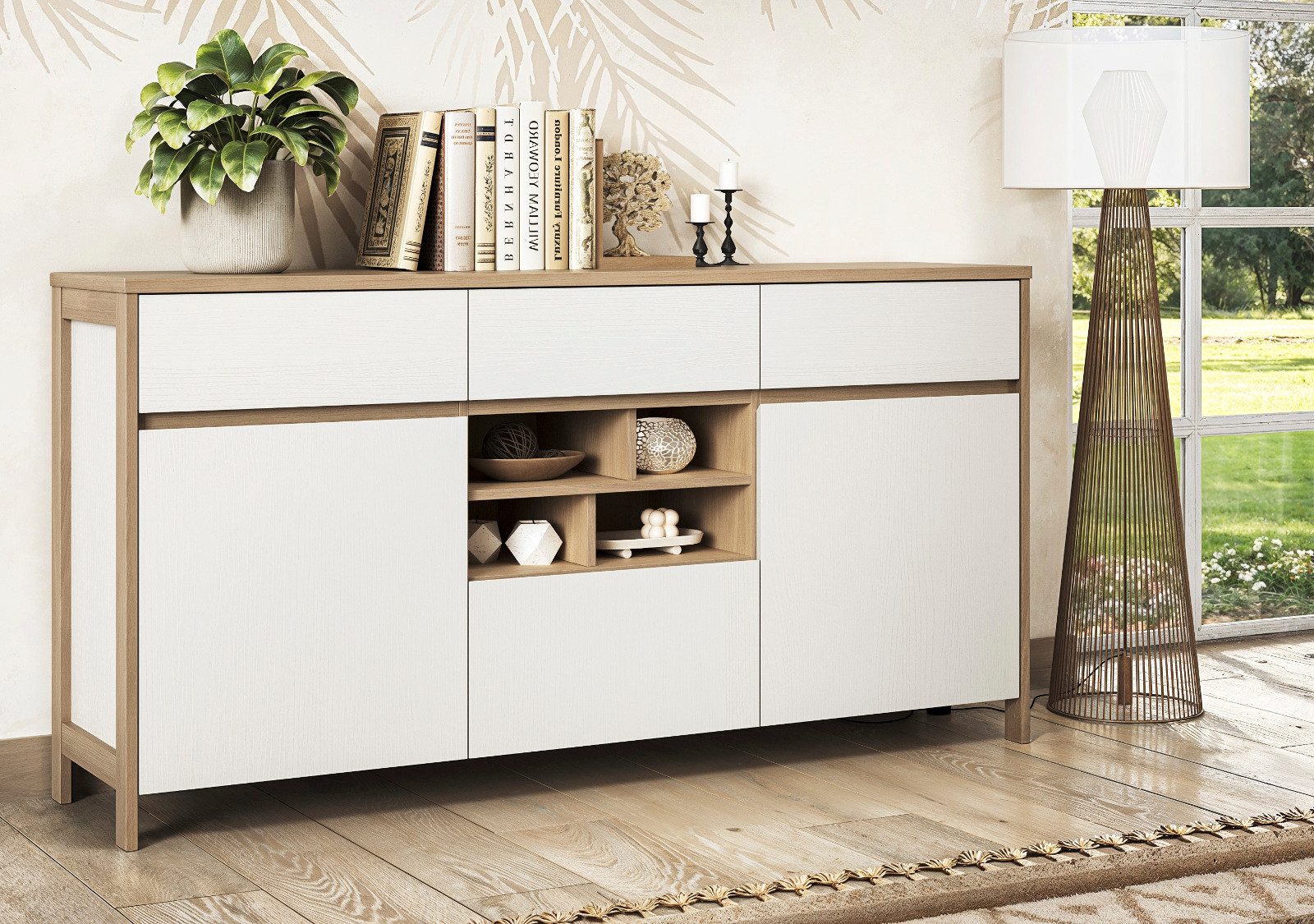 Furn.Design Sideboard Finnes (3-türige Kommode mit 3 Schubkästen, Eiche Weiß und Eiche Natur, 164 cm), mit Soft-Close-Funktion