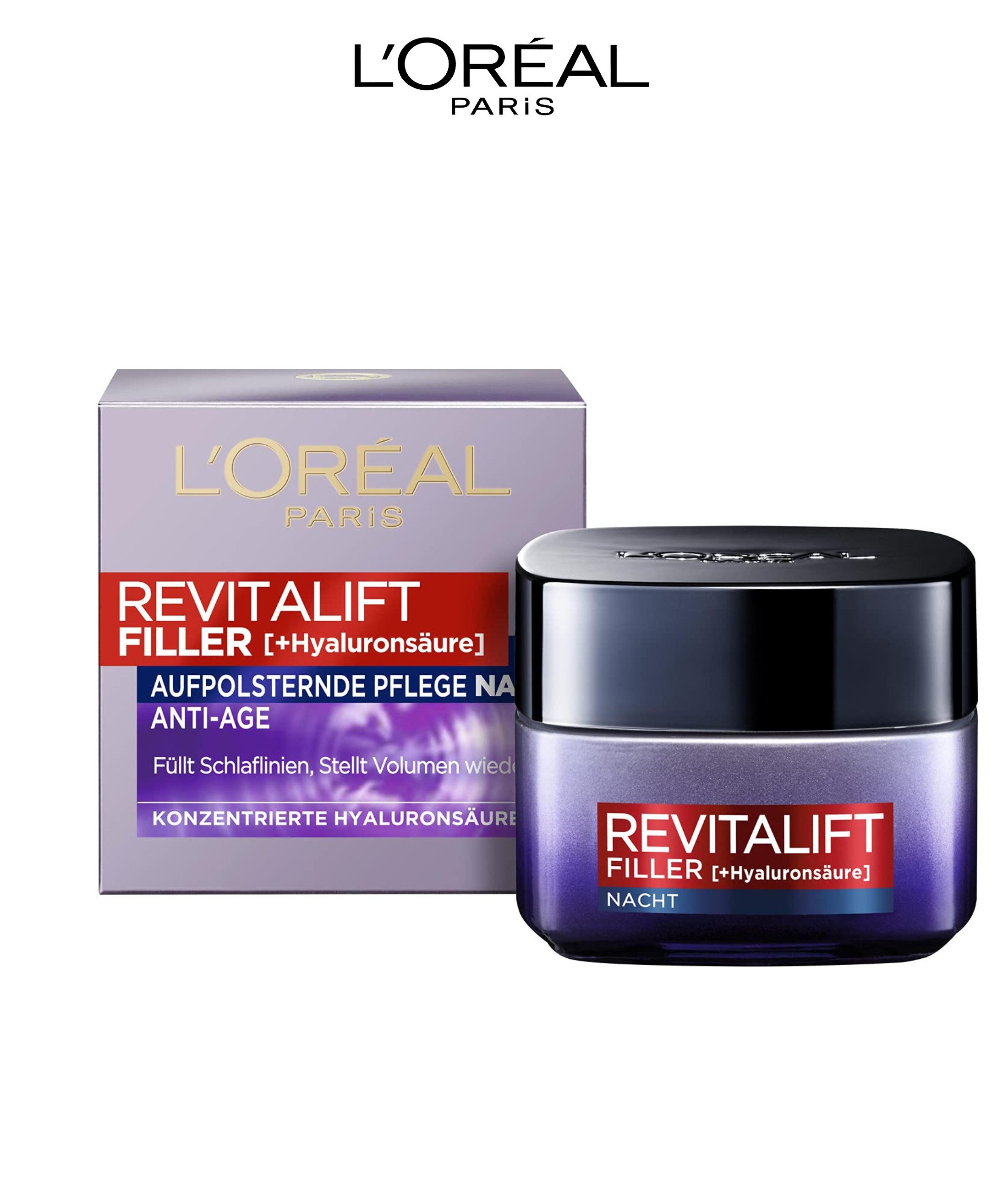 L'ORÉAL PARIS Nachtcreme Revitalift Filler mit Hyaluronsäure, Aufpolsternde Anti-Aging Nacht Pflege 1x 50ml