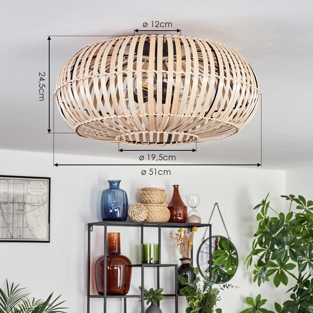 hofstein Deckenleuchte moderne Deckenlampe aus Metall/Bambus in Schwarz/Natur, ohne Leuchtmittel, Deckenleuchte mit Lichteffekt, Ø 51 cm, 3 x E27, ohne Leuchtmi – Bild 4 von 5