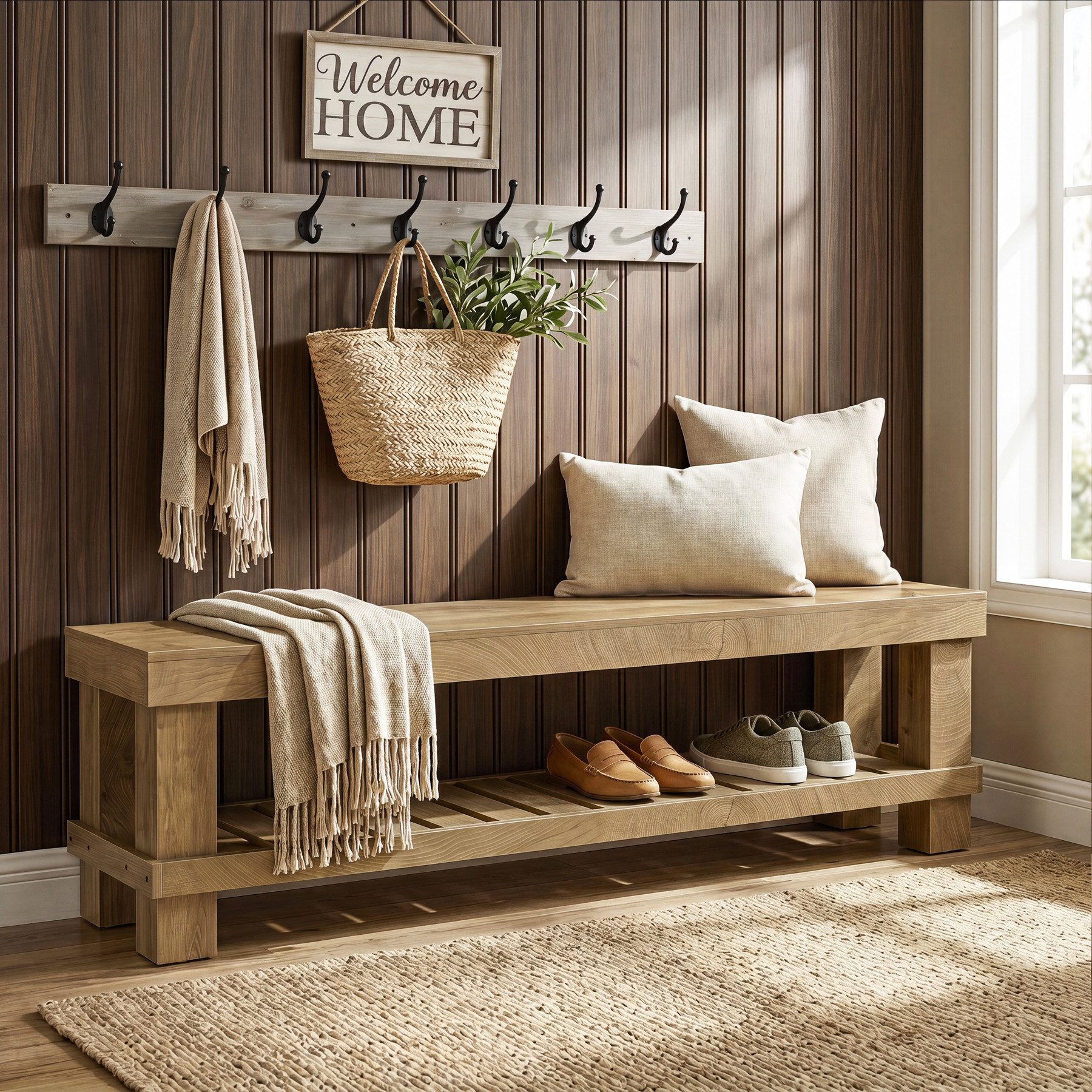 Tribesigns Schuhbank 160 cm lange Eingangsbank im Landhausstil mit Lattenablage (lange Sitzbank aus Holz mit Stauraum für Flur, Garderobe, Schlafzimmer, Wohnzimmer und Esszimmer, Eiche natur)
