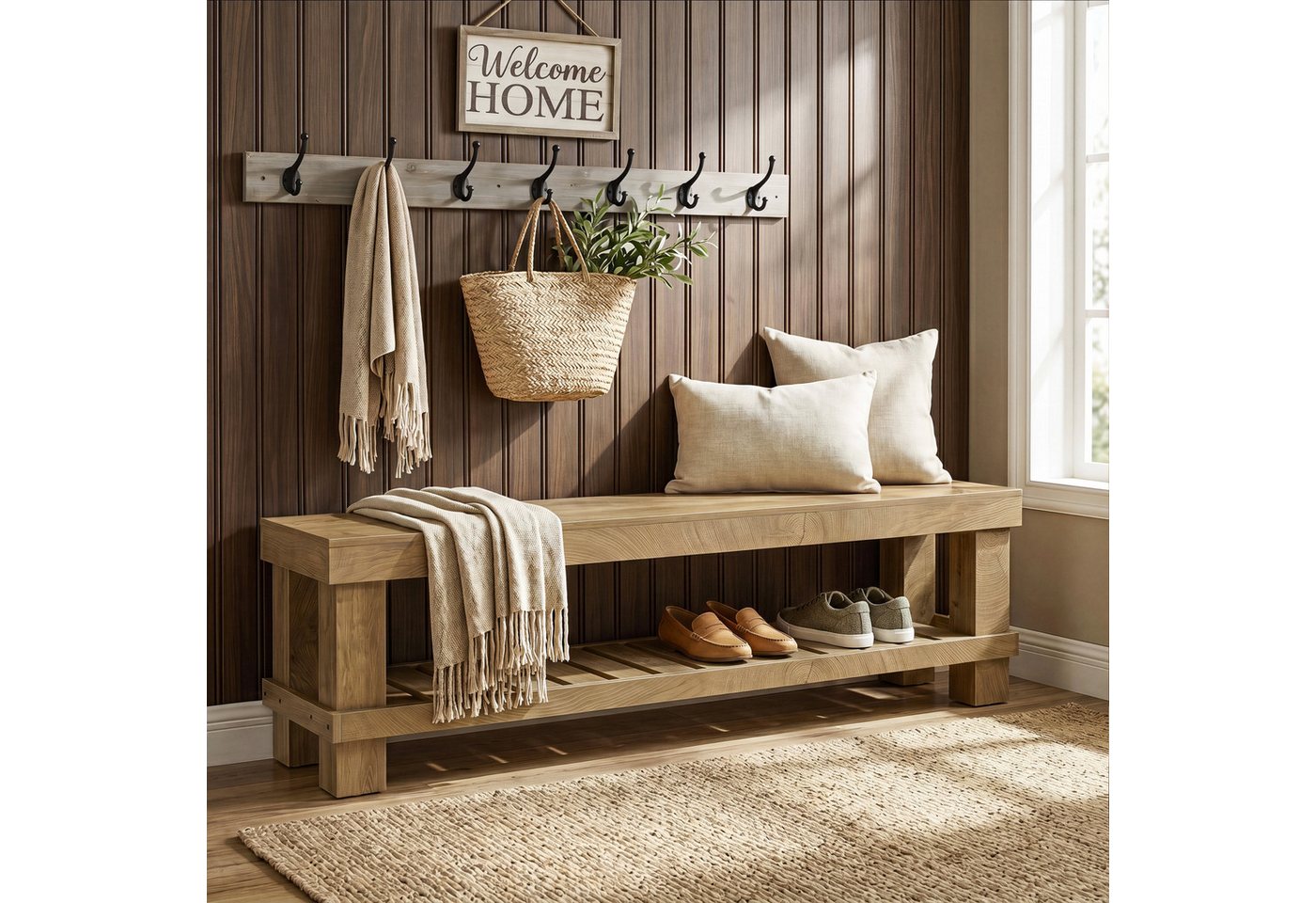Tribesigns Schuhbank 160 cm lange Eingangsbank im Landhausstil mit Lattenablage (lange Sitzbank aus Holz mit Stauraum für Flur, Garderobe, Schlafzimmer, Wohnzimmer und Esszimmer, Eiche natur)