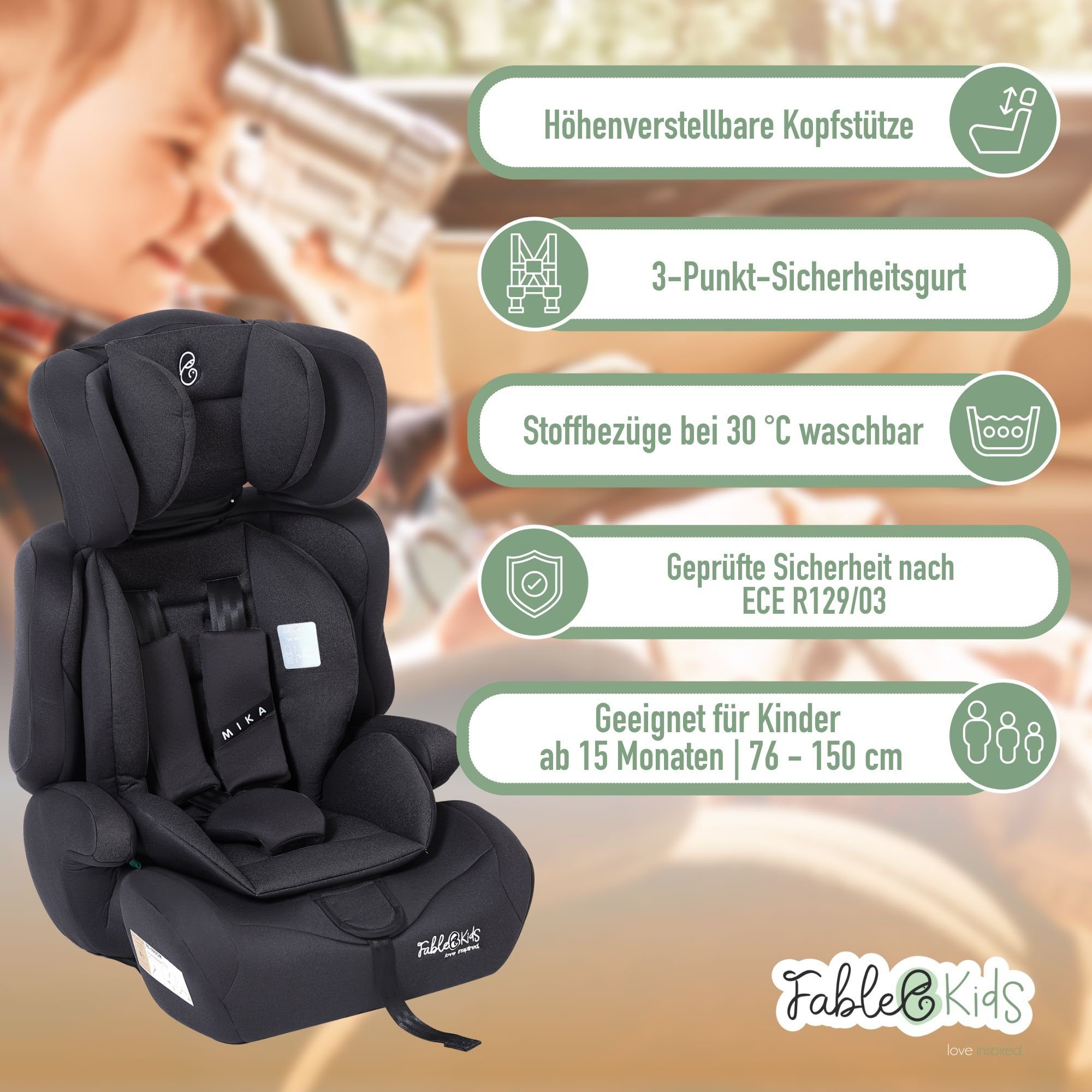 FableKids Autokindersitz Sitzerhöhung i-Size 76–150 cm, vorwärtsgerichtet, 3-Punkt-Gurt, ab: 15 Monaten, bis: 12 Jahre, Pflegeleicht: Bezug abnehmbar und waschbar