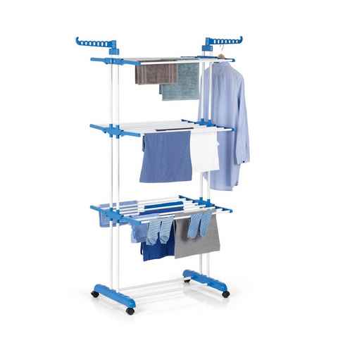 EASYmaxx Wäscheständer 3 Etagen mit Rollen 63x76x173 cm weiß/blau, klappbar, outdoor, platzsparend