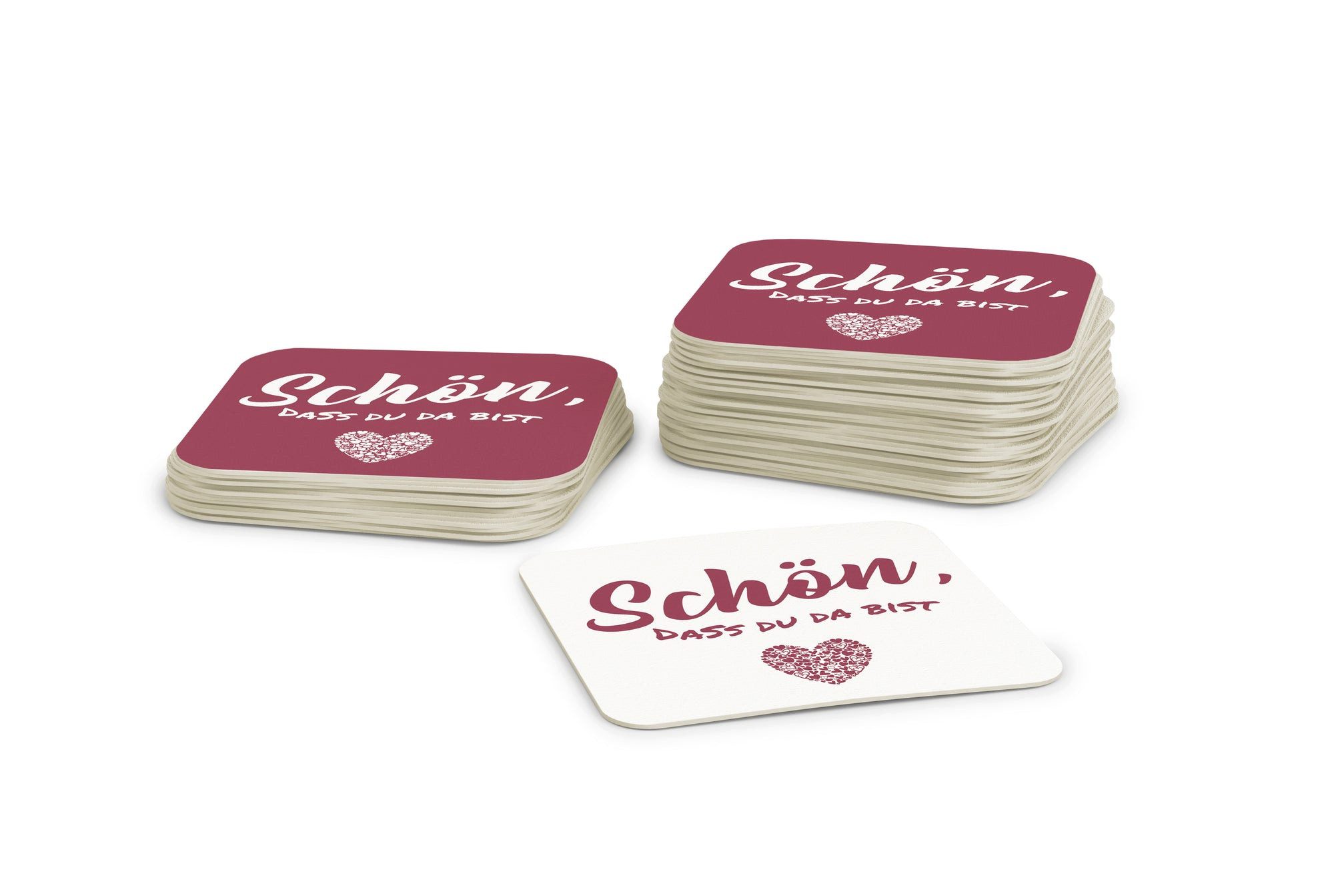 FLYERALARM Bierdeckel Schön, dass du da bist I Weinrot - Weiß I 50 Stück I Rechteckig, Geburtstag, Hochzeit, Deko