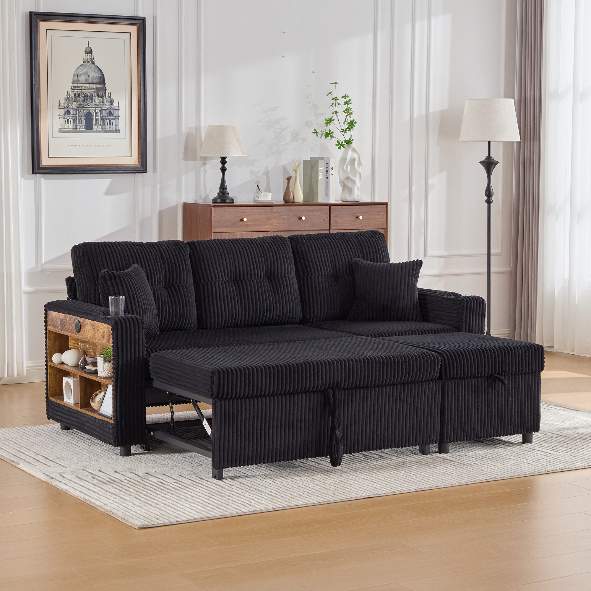 Odikalo Schlafsofa Cord-Sofa Stauraum Ausziehbett USB-C LED Getränkehaltern Mehrfarbig