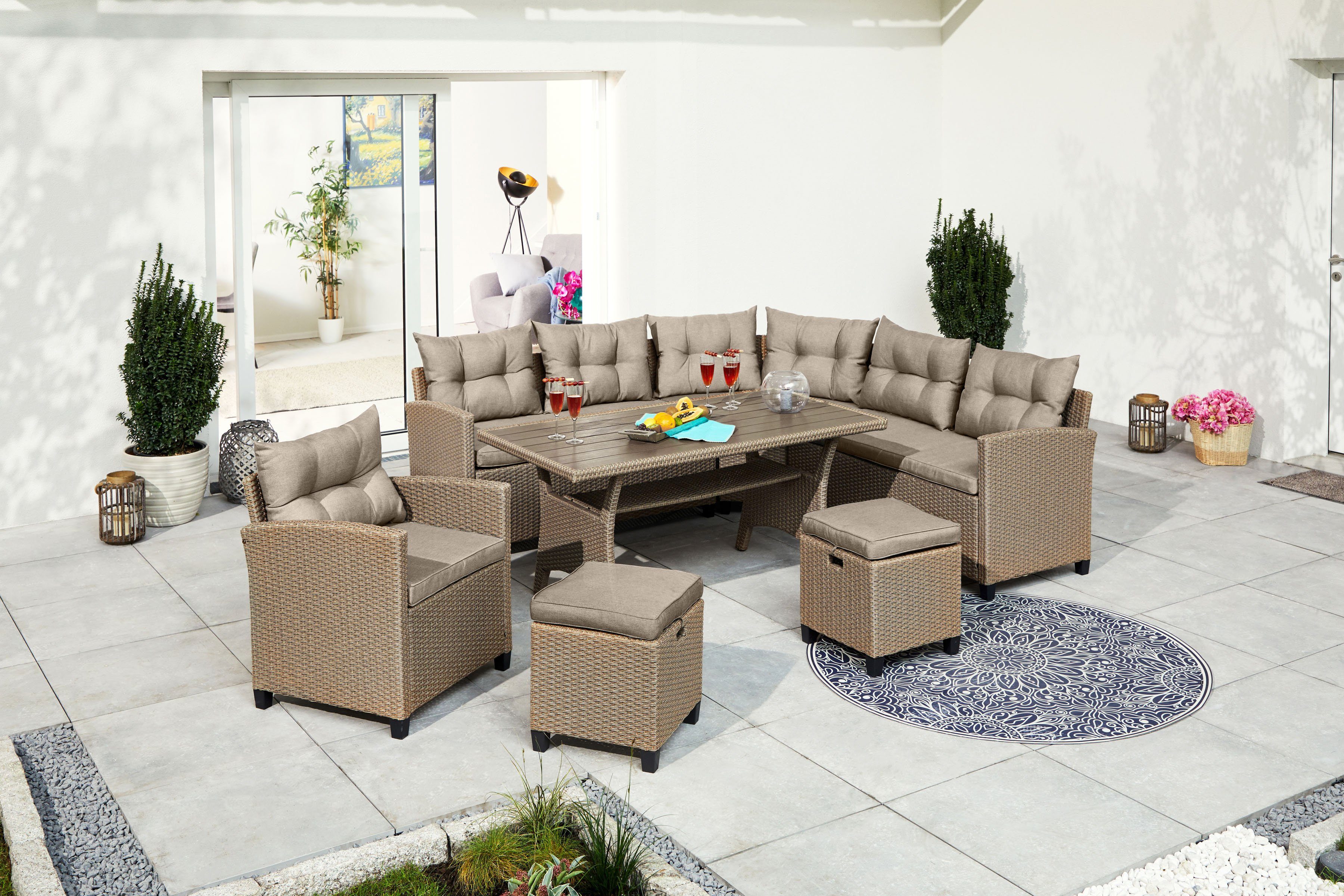 KONIFERA Gartenlounge-Set Keros Premium, (20-tlg), Ecklounge, 2 Hocker, Sessel, Tisch, Polyrattan grau | beige | Gartenlounge-Sets