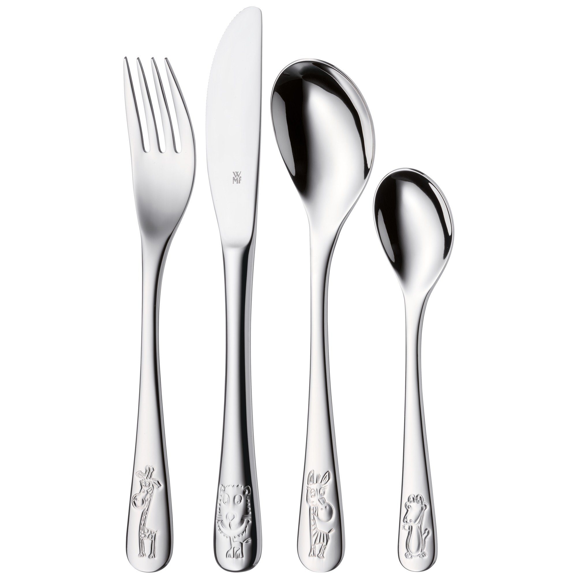 WMF Kinderbesteck Safari (4-tlg), 1 Personen, Cromargan® Edelstahl Rostfrei 18/10, Kindermesser mit leichtem Wellenschliff