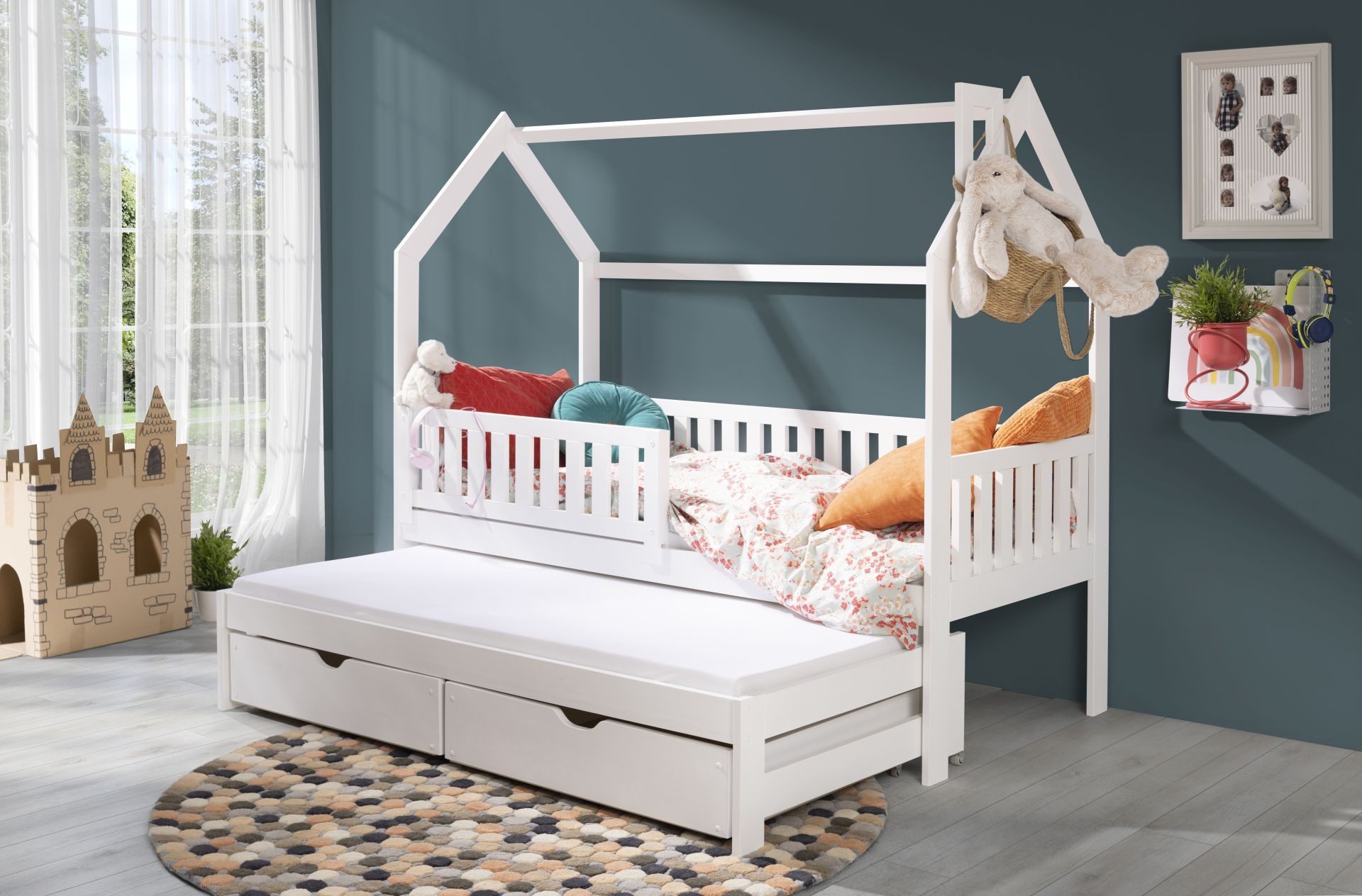 Kinderbett Hausbett mit Ausziehbett und 2 Schubladen weiß / Natur Kinderbett