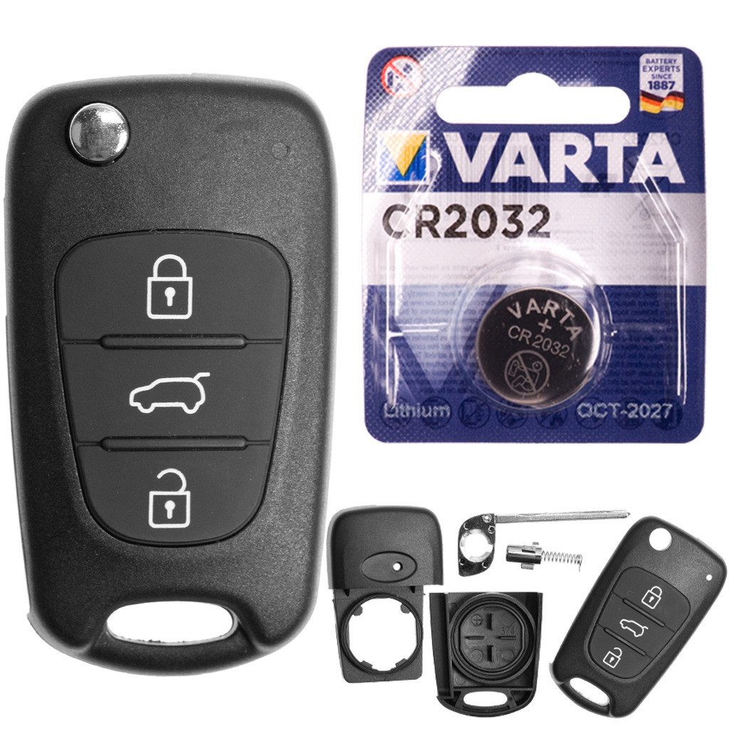 mt-key Auto Klapp Schlüssel Ersatz Gehäuse 3 Tasten + Rohling + VARTA CR2032 Knopfzelle, CR2032 (3 V), für Hyundai i20 PB i30 FD Elantra ix20 JC Funk Fernbedienung