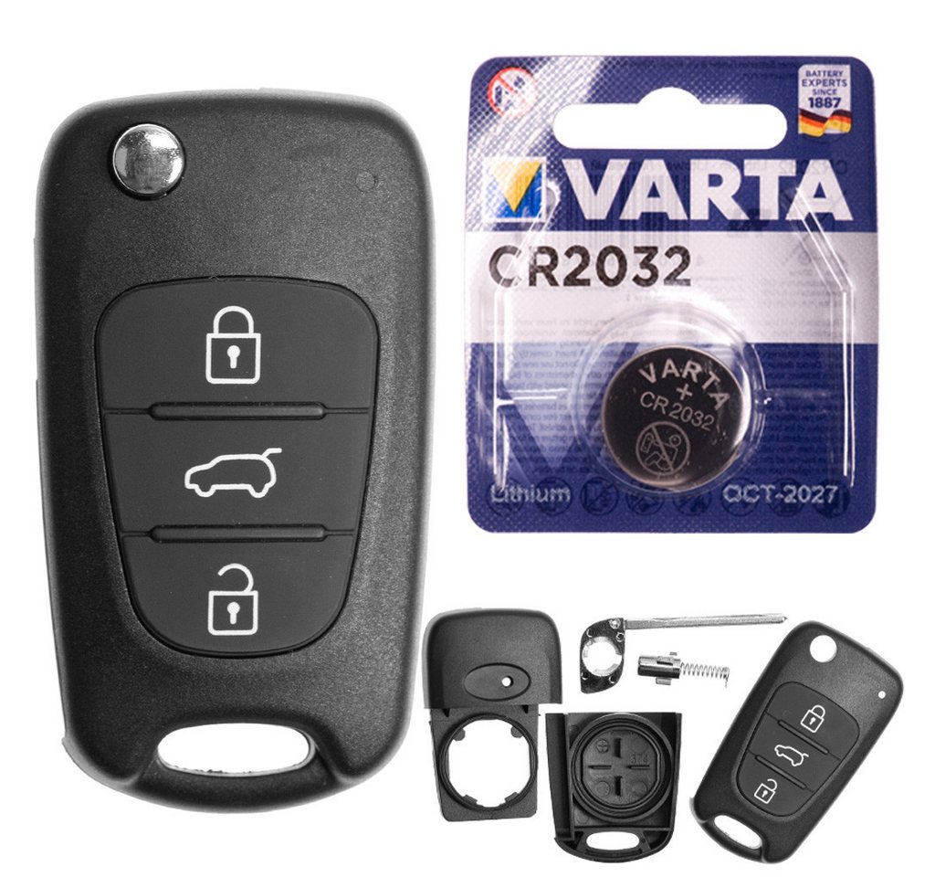 mt-key Auto Klapp Schlüssel Ersatz Gehäuse 3 Tasten + Rohling + VARTA CR2032 Knopfzelle, CR2032 (3 V), für Hyundai i20 PB i30 FD Elantra ix20 JC Funk Fernbedienung