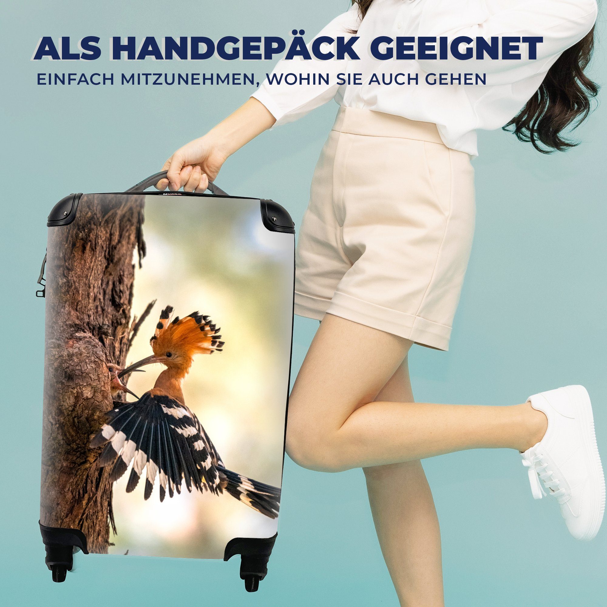 für Reisetasche Handgepäck - Handgepäckkoffer Ferien, Trolley, MuchoWow mit Wald, 4 rollen, Reisekoffer Vogel Baum Rollen, -