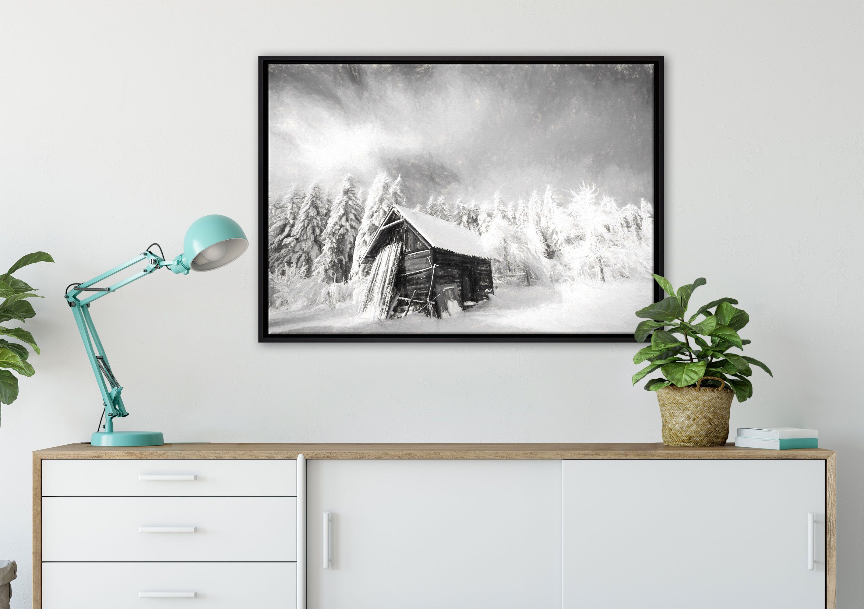 Schattenfugen-Bilderrahmen Leinwandbild einem Leinwandbild gefasst, Holzhütte St), Zackenaufhänger Wanddekoration Pixxprint (1 in fertig inkl. bespannt, im Schnee,