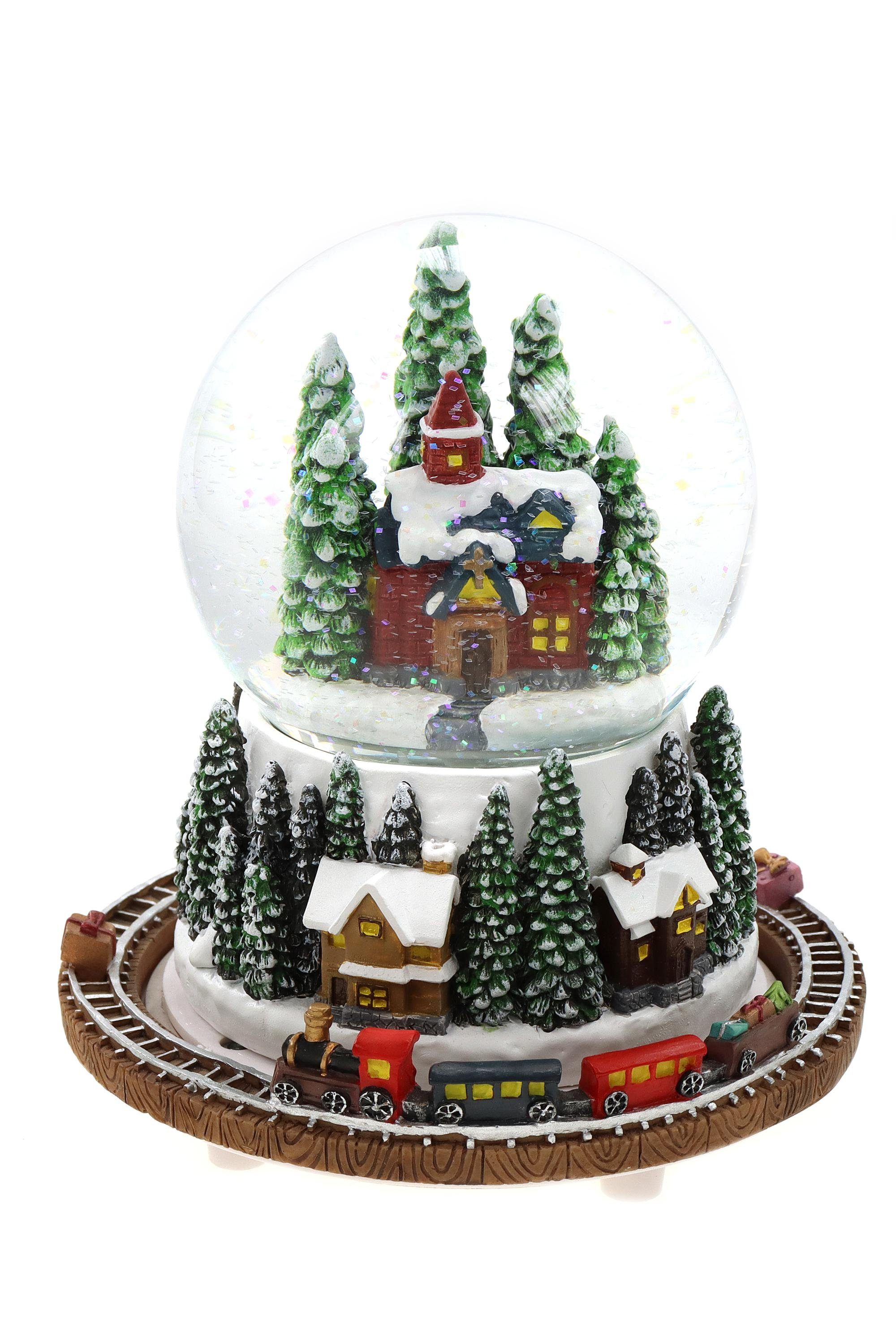 ELLUG Schneekugel Schneekugel/Spieluhr zum Aufziehen mit Kirche und Tannenbaum ⌀100mm