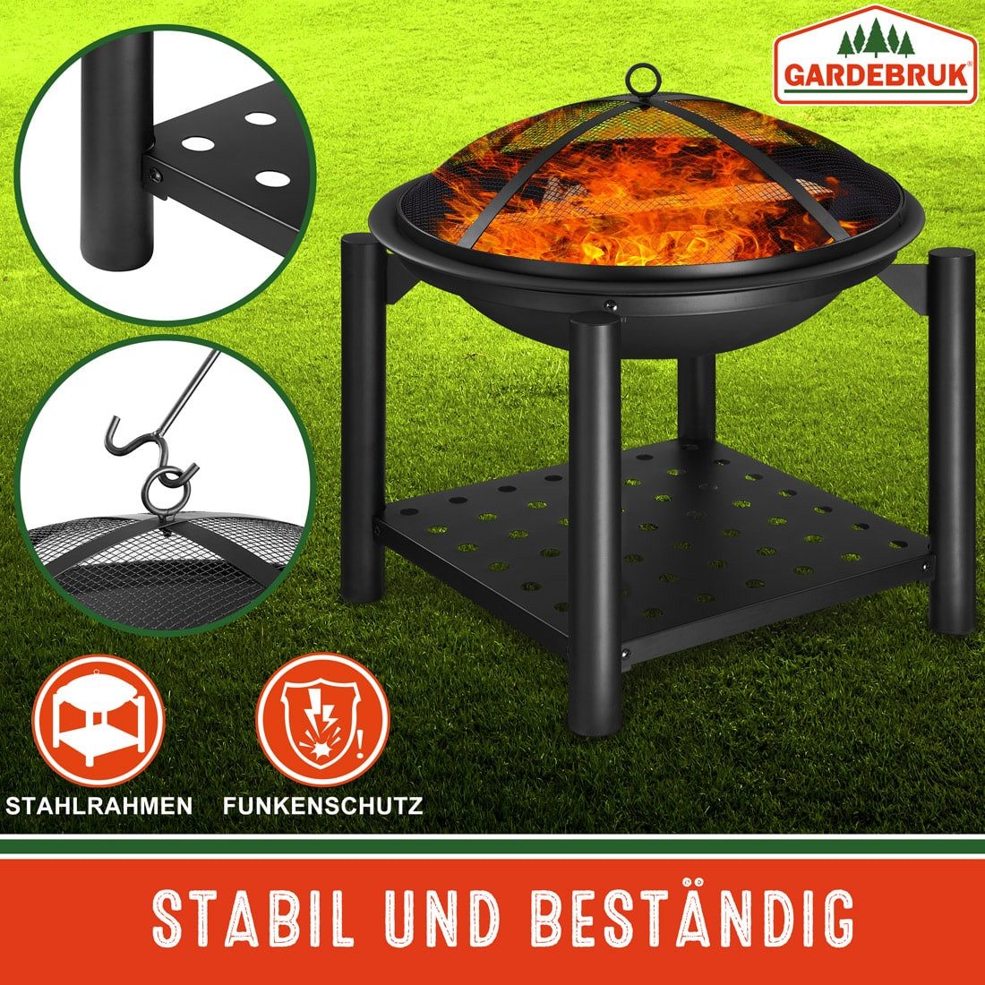 Gardebruk fire bowl, garden fire basket with spark screen and poker, Ø55cm round grill