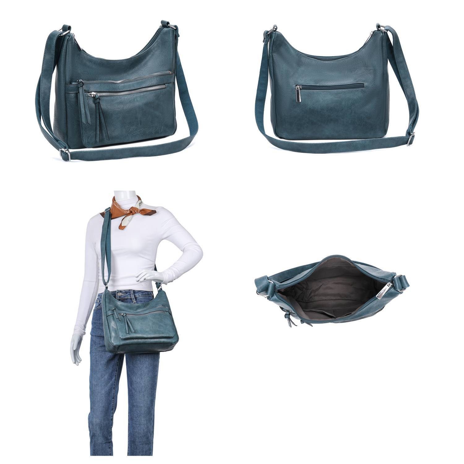 ITALYSHOP24 Schultertasche Damen Tasche Shopper Umhängetasche Crossbody Handtasche City Bag Reise, Hobo Bag CrossOver Henkeltasche Freizeit Damentasche Leder Optik