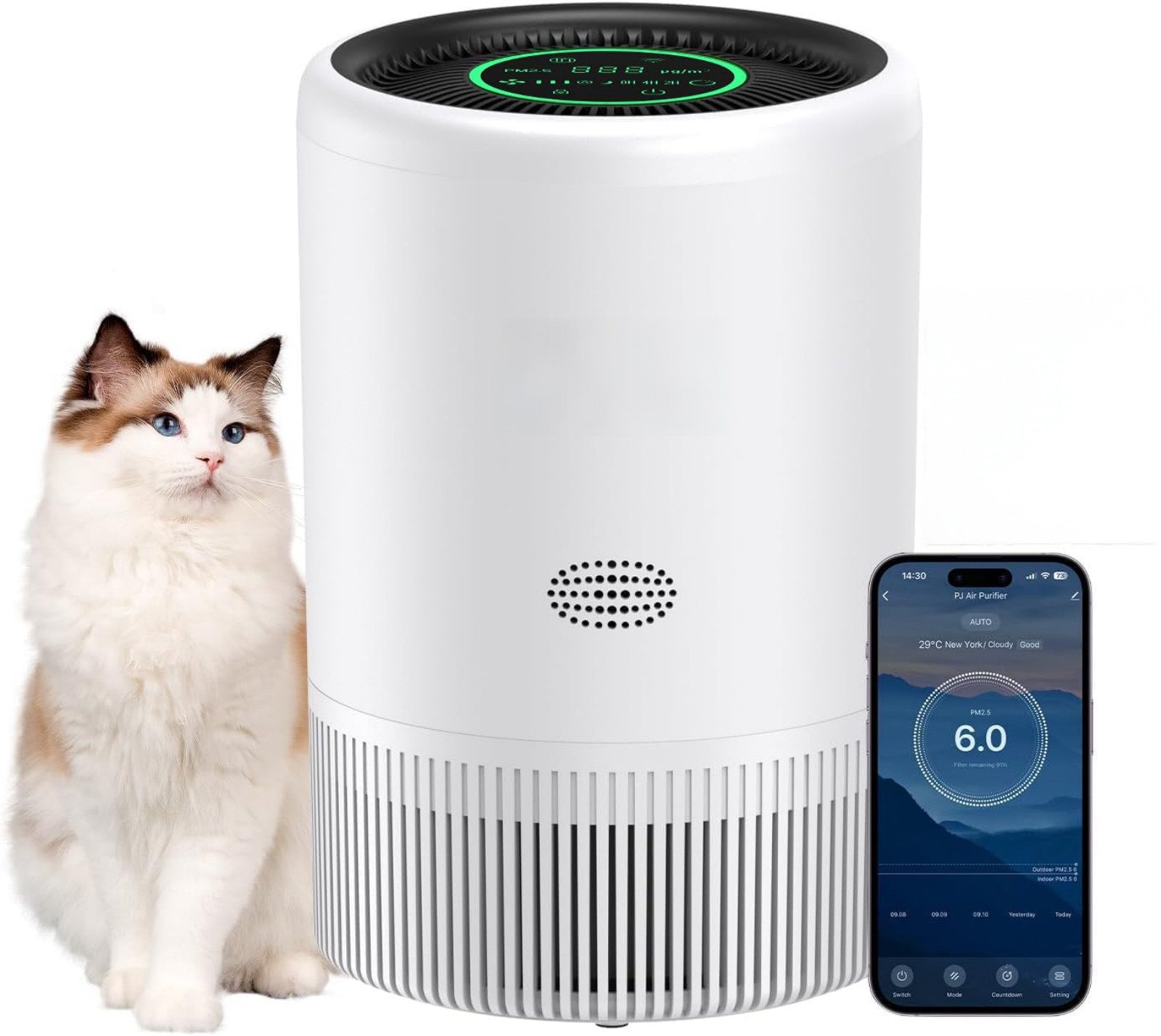 AIBISTAR Luftreiniger Luftreiniger für Allergiker,HEPA Filter gegen Haustaub,Tierhaare, für 35 m² Räume, 3 Gebläsestufen,CADR 180m³/h,Kindersicherung,Smart Control