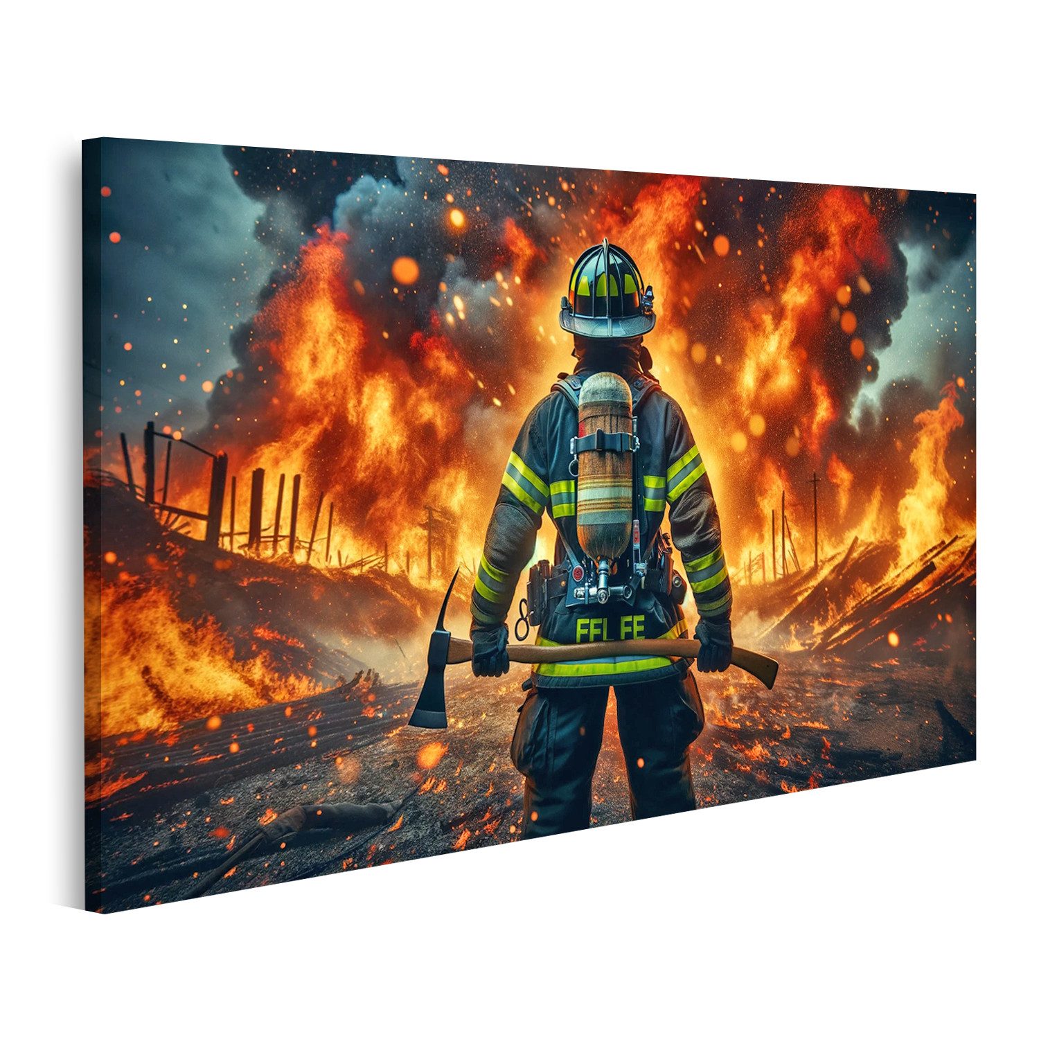 Leinwandbild Feuerwehrmann mit reflektierenden Streifen bekämpft Feuer