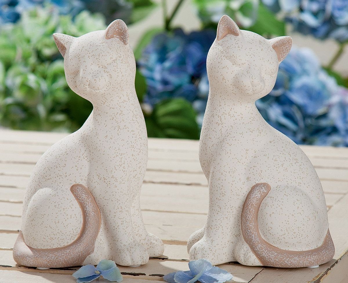 GILDE Dekoobjekt 2tlg. Keramik hellbraun/weiß Katze mit cremefarbenen Sprenkeln Olbia