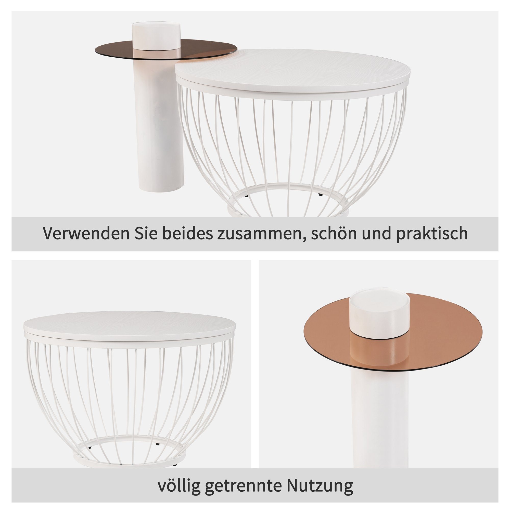 & Couchtisch PVC & Holzoptik MDF PVC, 2-St) (Glas Vogelnest-Design, Weiß WISHDOR