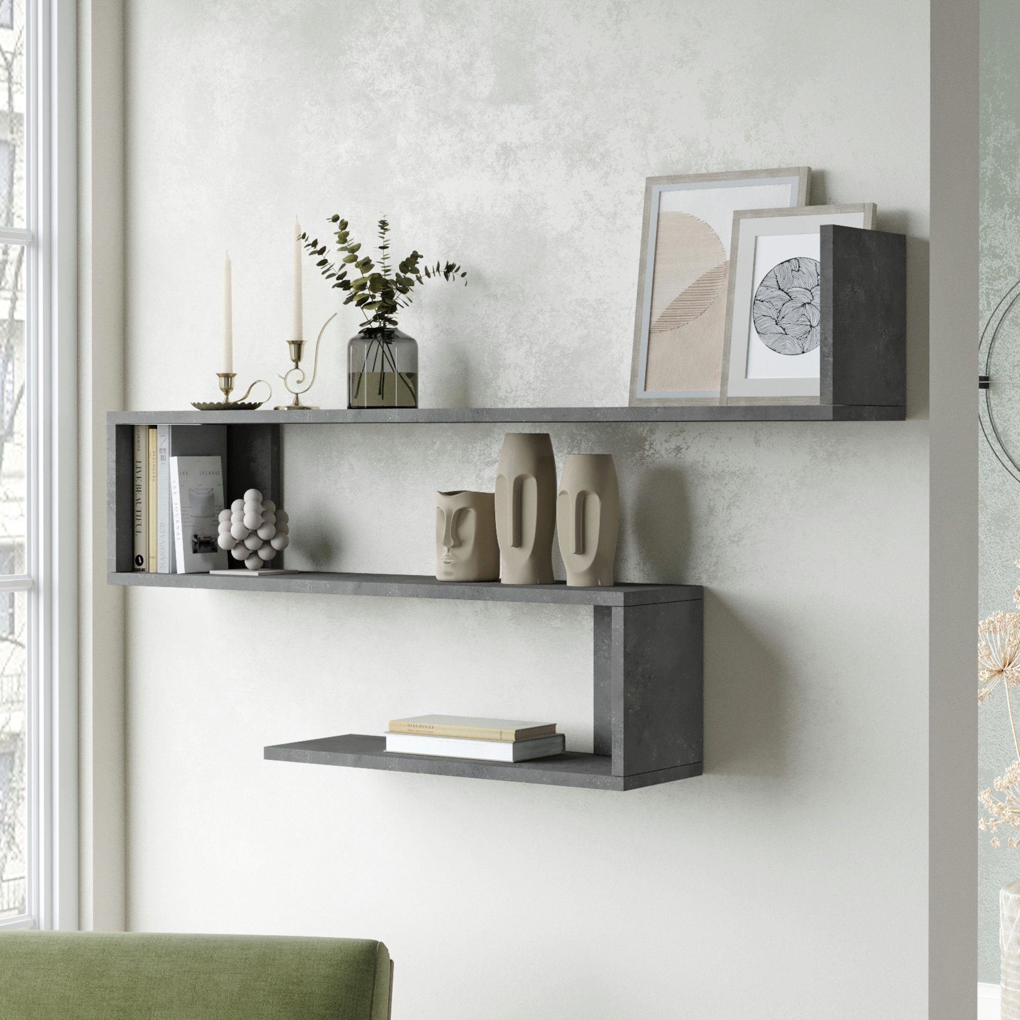 en.casa Wandregal, »Kitee« mit 3 Ablageflächen 71,5x120x14,5cm Betonoptik günstig online kaufen