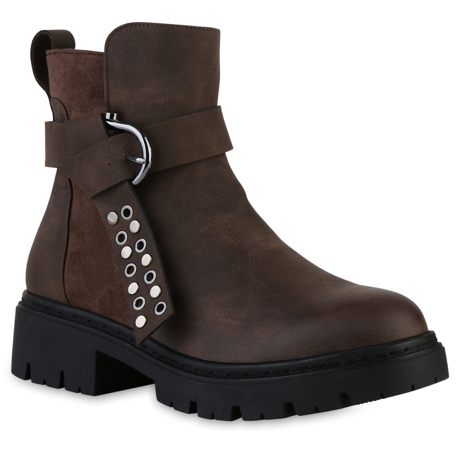 VAN HILL 841474 Bikerboots Damen Biker Boots Stiefeletten Schnallen Ösen Ni günstig online kaufen