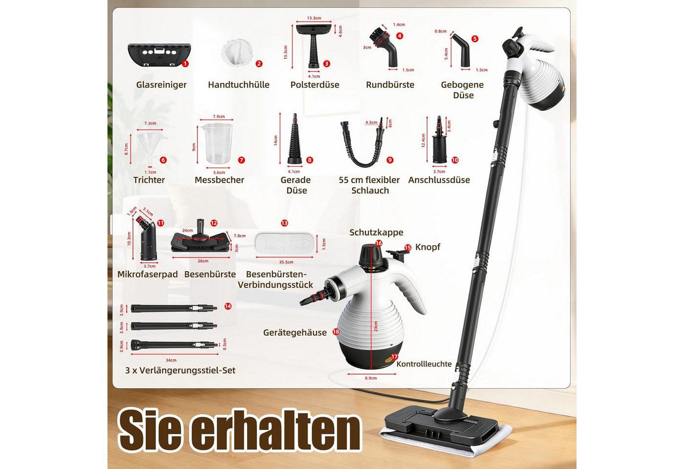 TWUFY Handdampfreiniger Handdampfreiniger Dampfreiniger Handgerät 10-teiliges Zubehörset, 1050 W, 135°C Heißer Dampf, 350ml Wassertank, für Böden Teppiche Polster Badezimmer Autoinnenraumreinigung