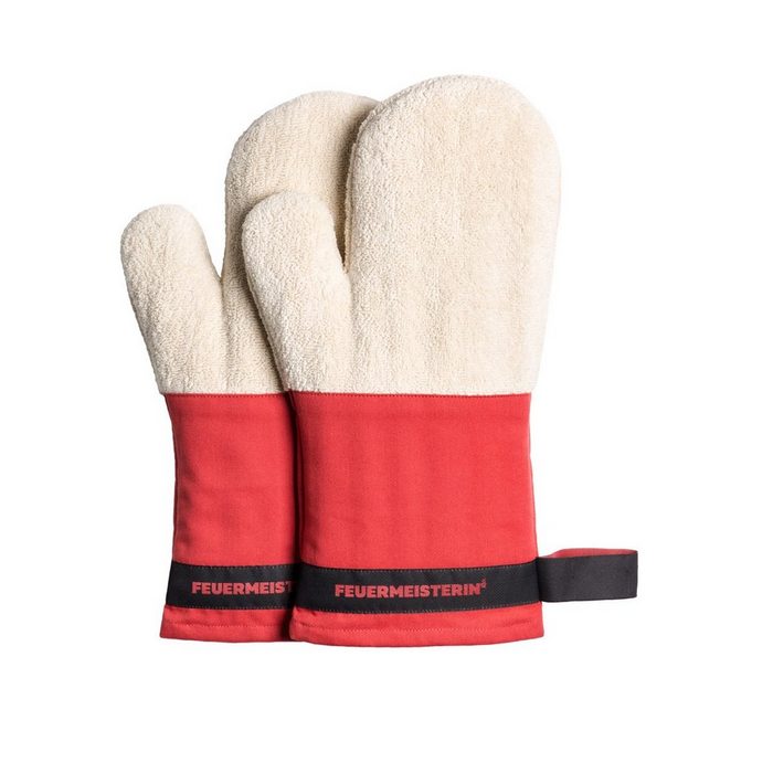 Feuermeisterin Topfhandschuhe Premium Textil Back- und Kochhandschuhe rote Stulpe/schwarzes Band Paar (2-tlg)