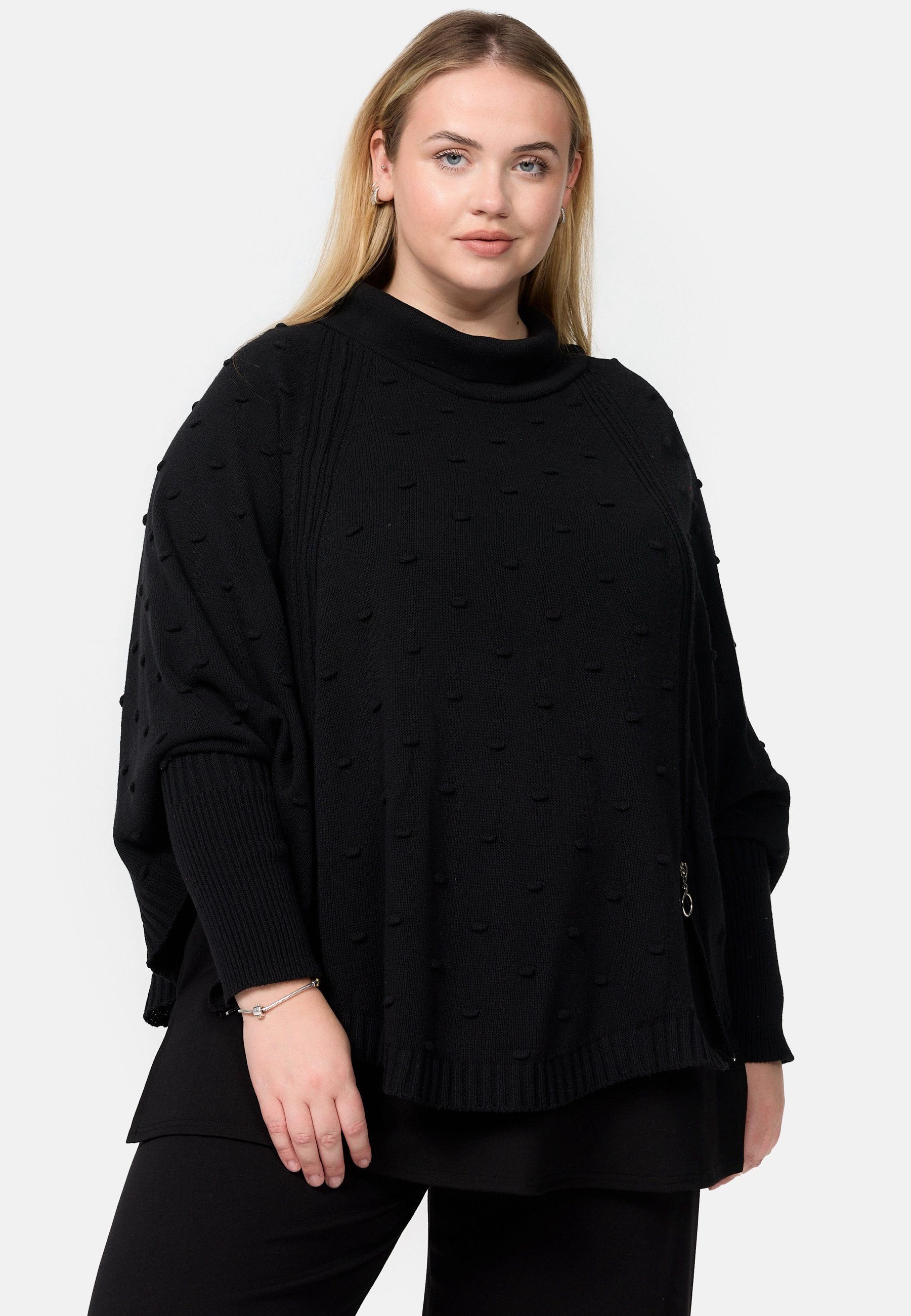 Kekoo Strickpullover Strickponcho mit Stehkragen aus 100% Baumwolle Feinstrick 'Pure' Schwarz