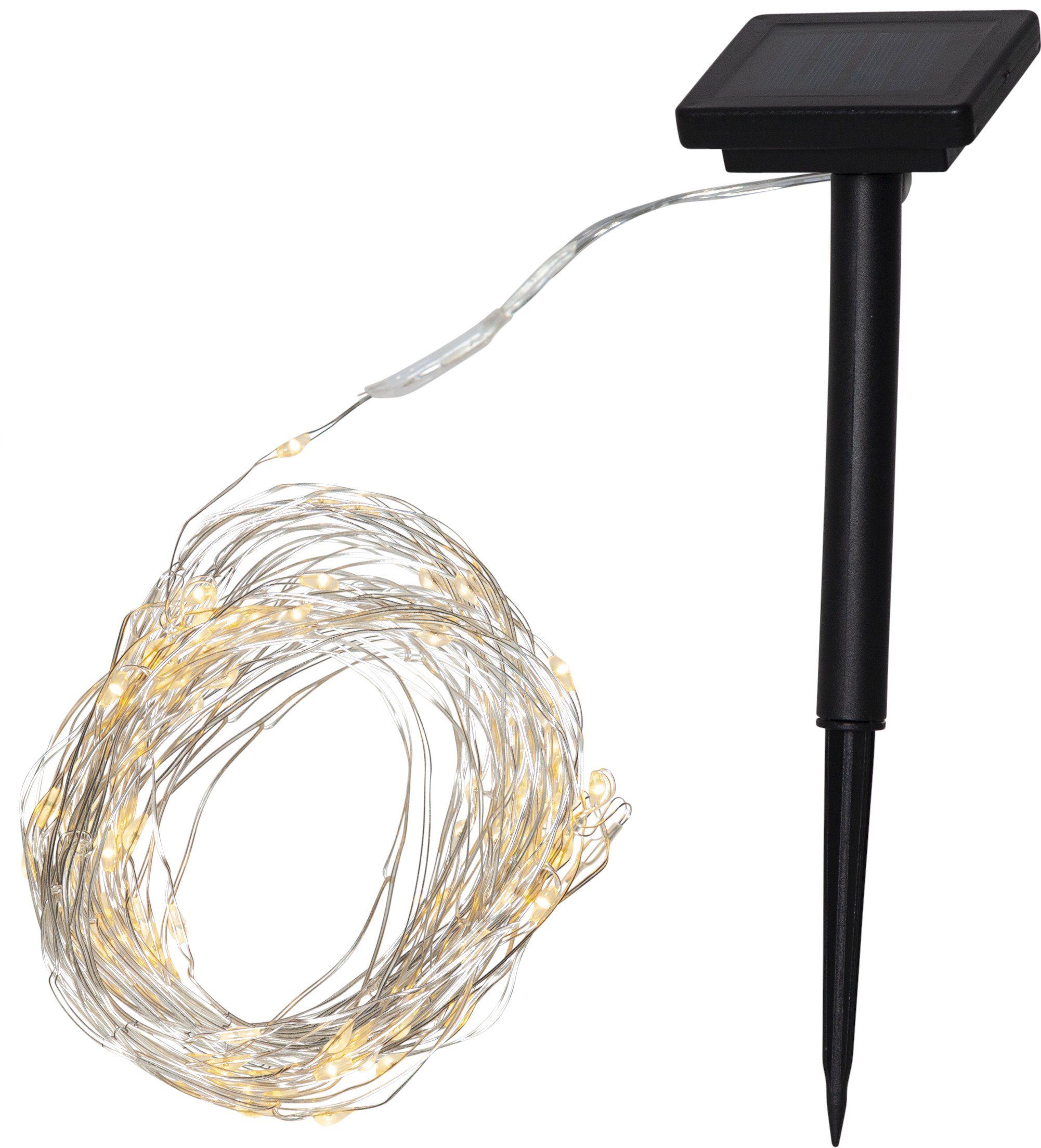 STAR TRADING LED-Lichterkette Dew Drop, 200-flammig, Solar Drahtlichterkette biegbarer Draht silber 200 LEDs warmweiß 19,9m