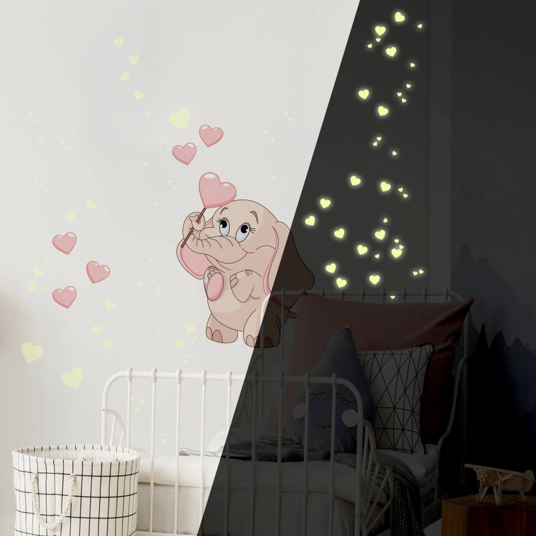 K&L Wall Art Wandtattoo Baby Elefant Leuchtsticker Rosa Mädchen 30x40cm selbstklebend, Kinderzimmer Leuchtbild
