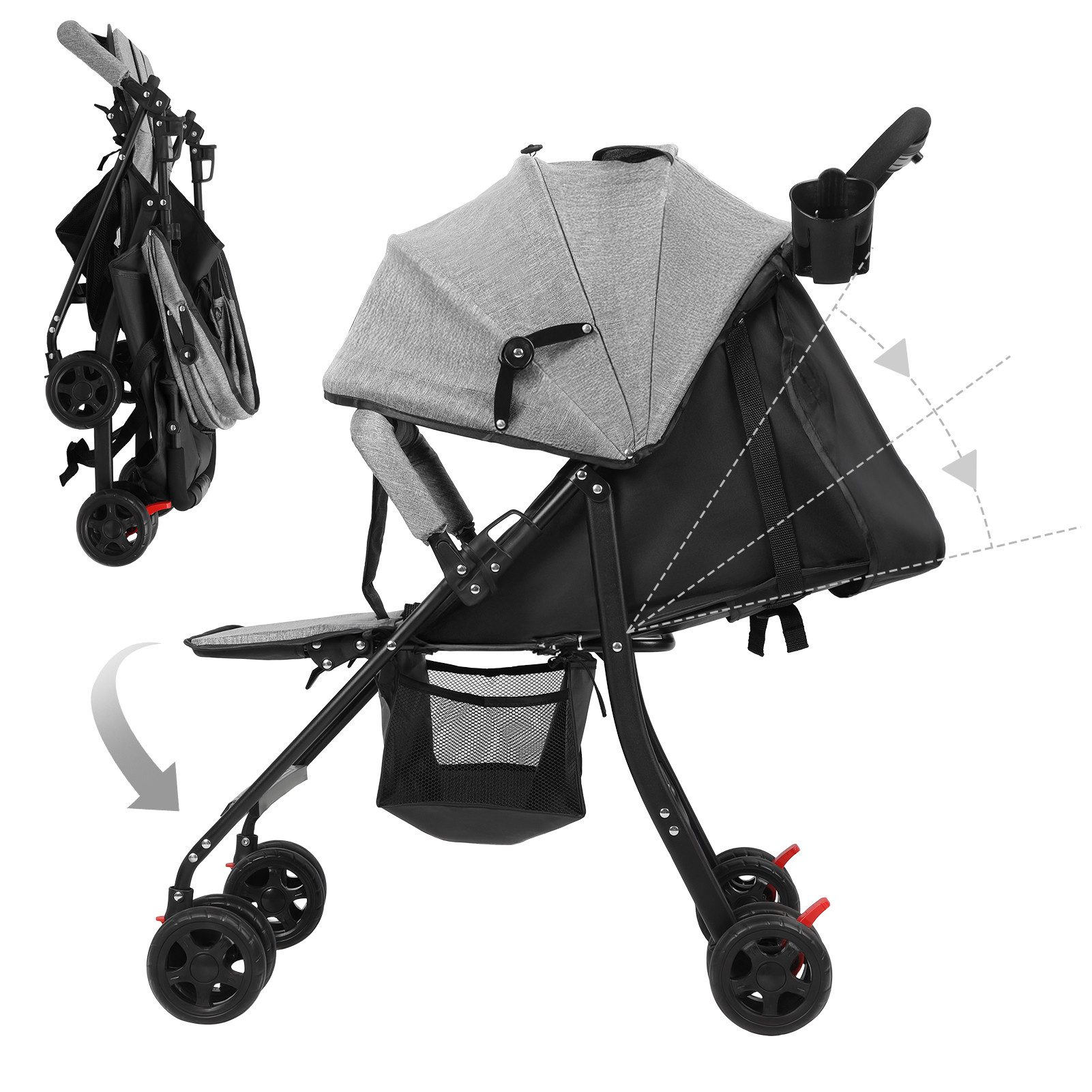 Rutaqian Kinder-Buggy Baby Kinderwagen bis 10 Kg, 0-2 Jahre, Zusammenklappbar, Grau, (Buggy Reisebuggy, 1-tlg), Klein Zusammenklappbar mit verstellbarer Rückenlehne und Einkaufskorb