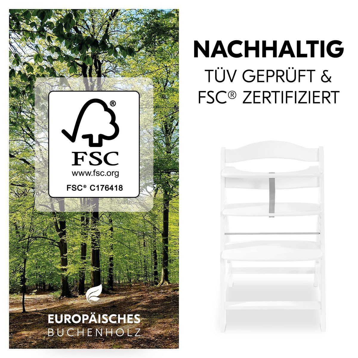 Hauck Hochstuhl Alpha Plus - White, Mitwachsender Holz Kinderhochstuhl mit Gurt, Schutzbügel & Sitzauflage