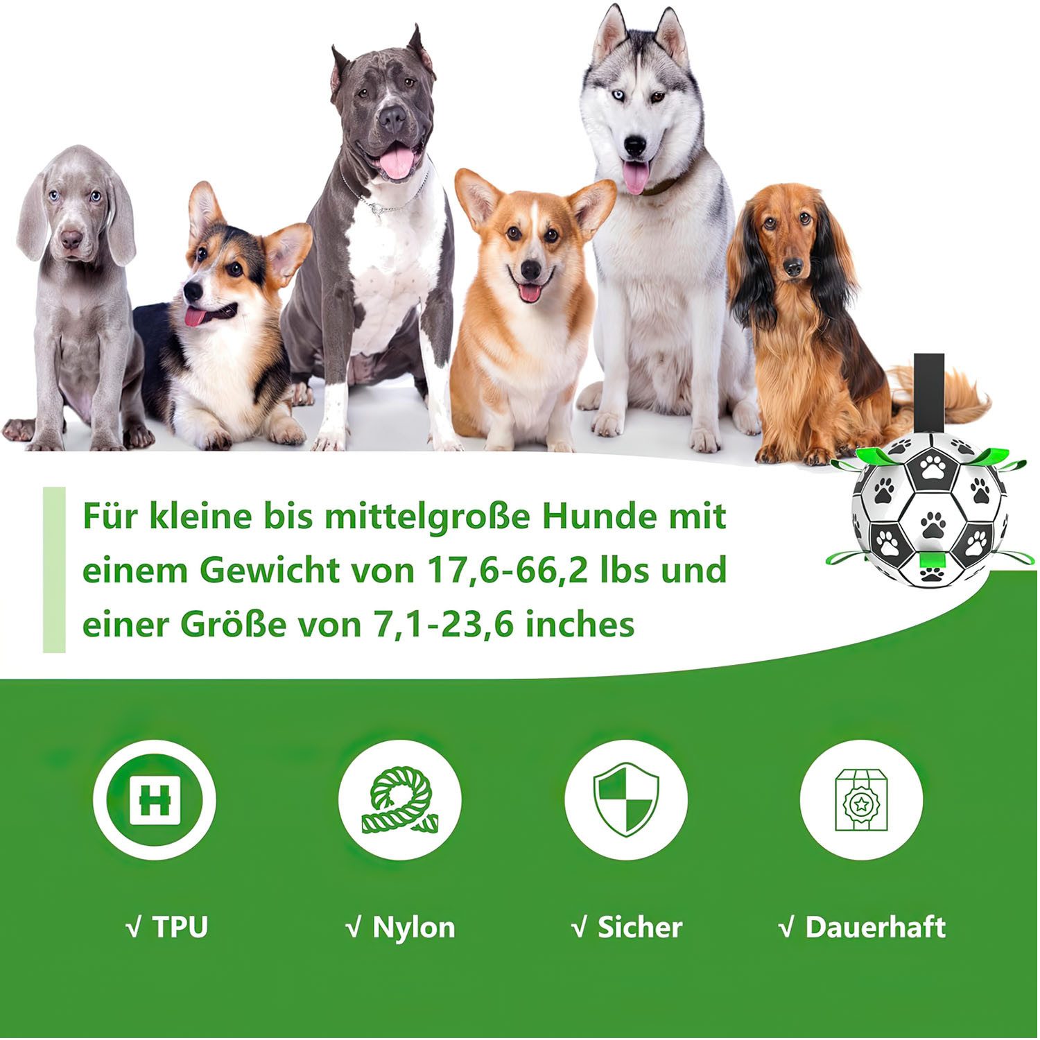 HEYHIPPO Tierball Hundespielzeug Fußball 15 x 23,5 cm Schwarz-Weiß mit Griffschlaufen, Eine Packung Interaktiver Haustierfußball aus bissfestem PU, fördert Bewegung