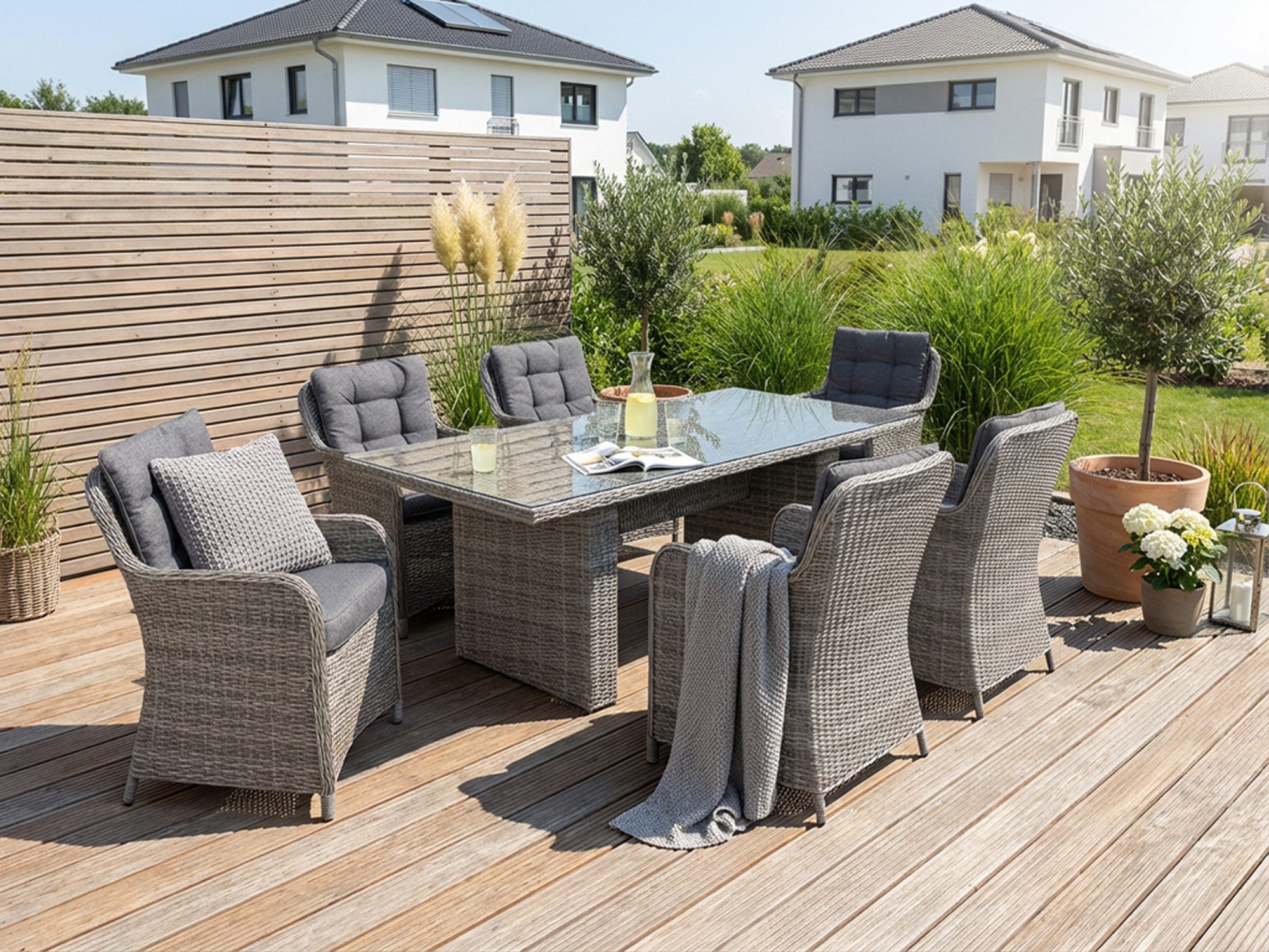 KONIFERA Garten-Essgruppe »Menorca«, (Set, 19-tlg., 6x Sessel, 1x Tisch 200x100x75 cm, inkl. Auflagen, Alu, Polyrattan), Polyrattan, Aluminium, Tischplatte aus 5mm starkem Sicherheitsglas
