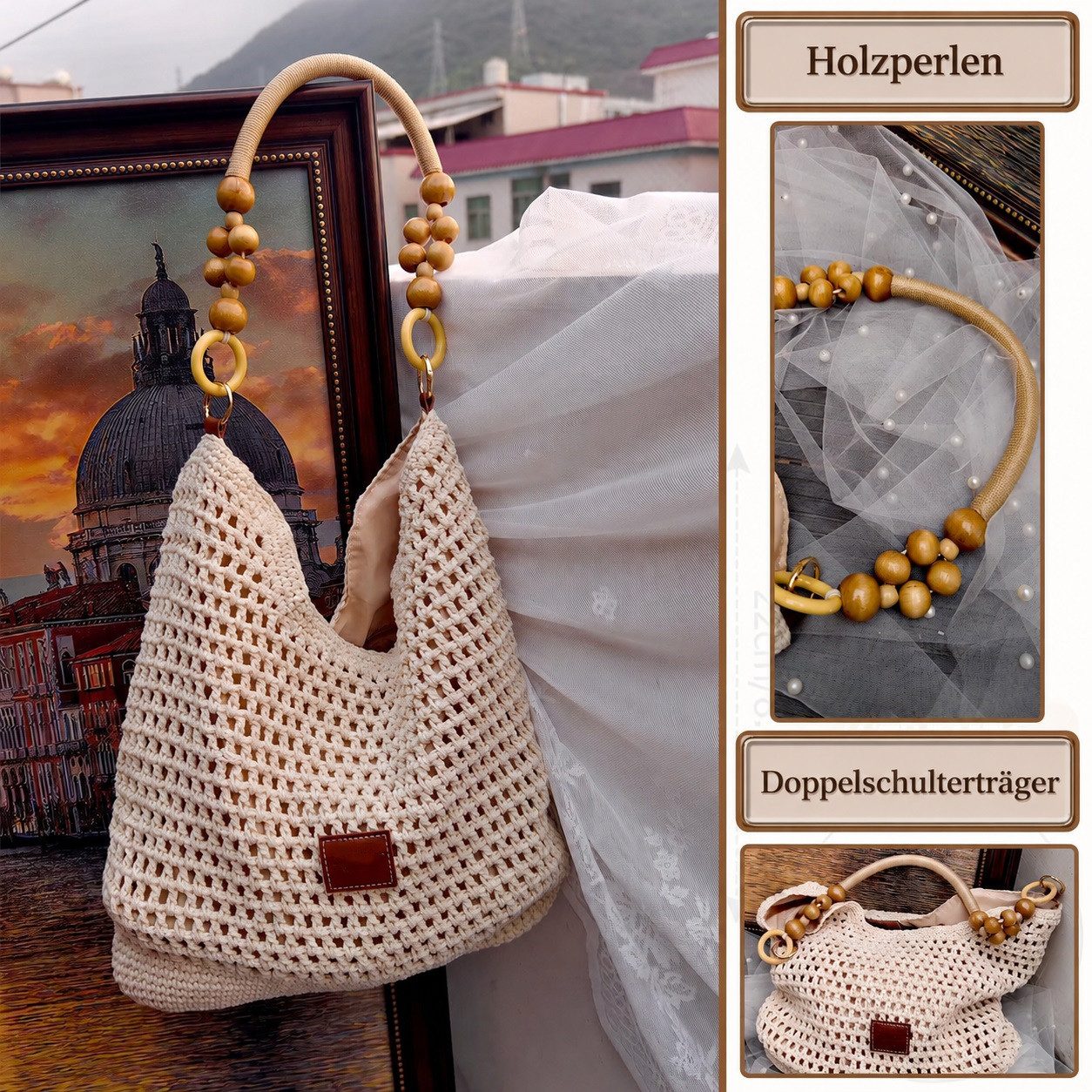 MOPUEA Strandtasche Damen Boho Straw Beach Bag Gehäkelte Baumwoll-Strick -Tragetasche (Schultertasche, Umhängetasche, Sommer, Strand, 1-tlg., Casual Groß Häkeltasche mit Leder Riemen für Urlaub Stadt Reisen), Tragegriff oben für Reisen, Einkaufen