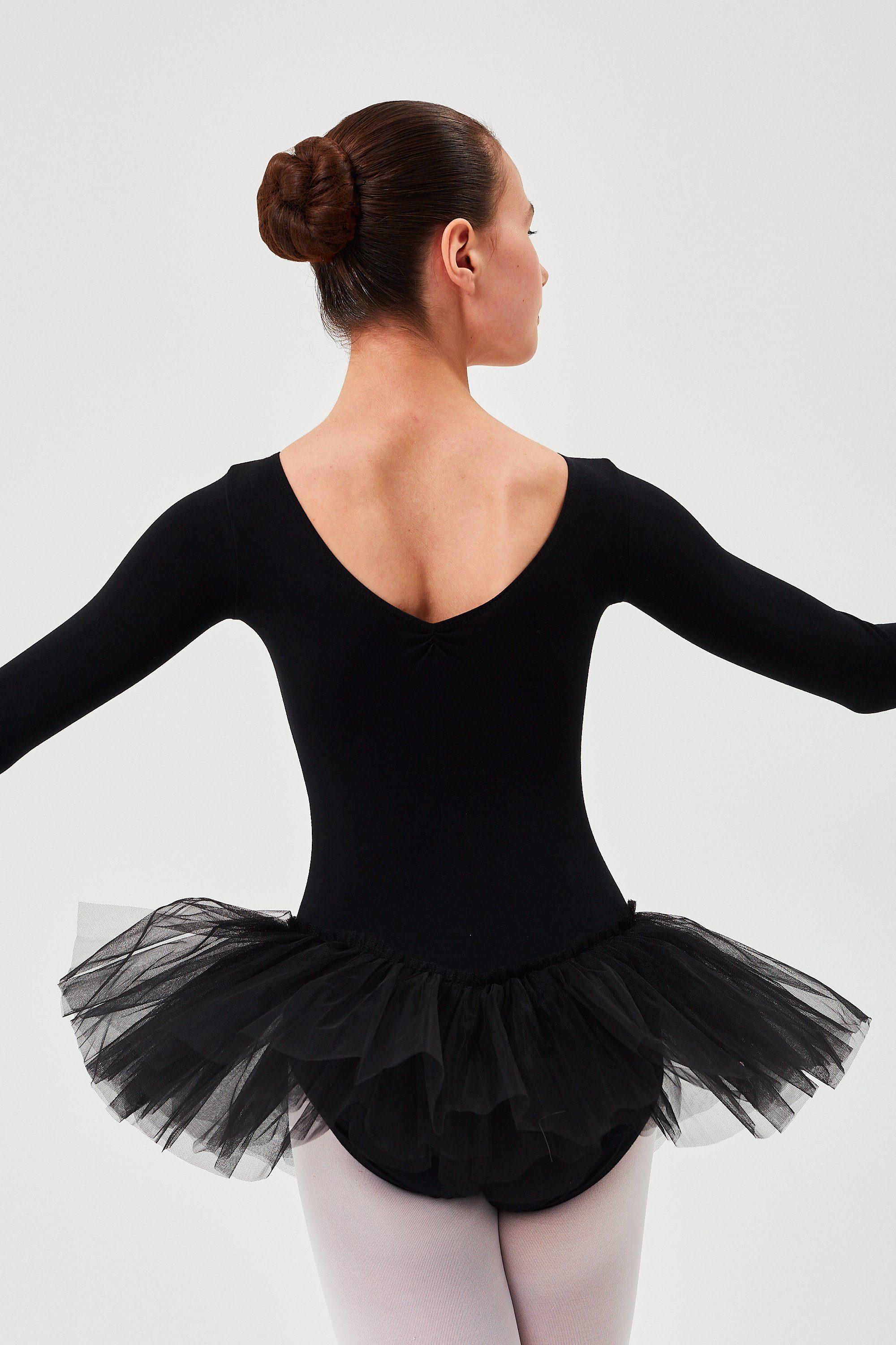 tanzmuster Tüllkleid Ballett Tutu Tüllrock aus weicher Mädchen Baumwolle mit Glitzersteinen Ballettkleid Romy mit Langarm für schwarz