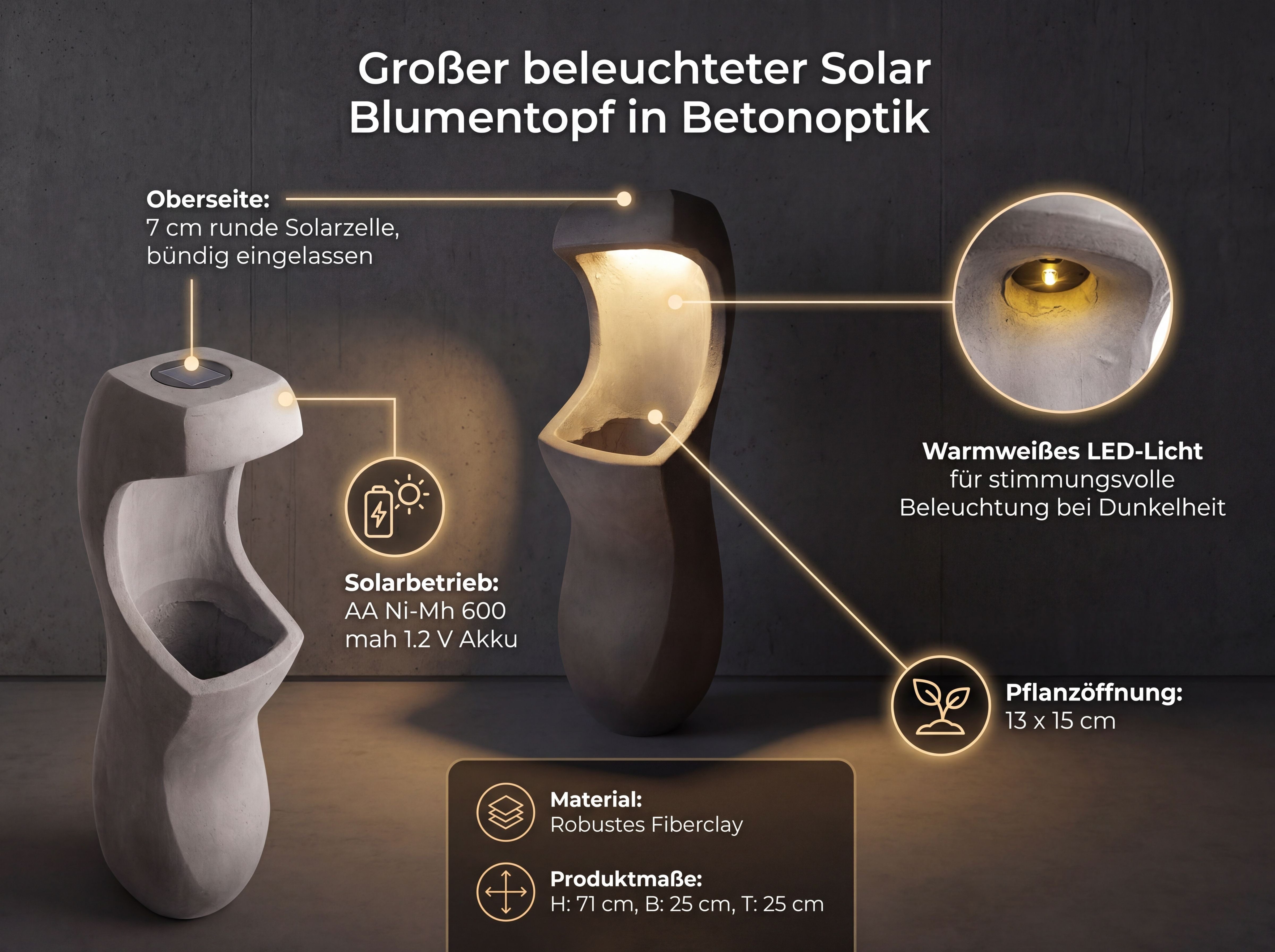 Arnusa Blumentopf Design Blumentopf mit LED Solarbeleuchtung 71 cm Betonoptik 7kg, Solar Gartenbeleuchtung