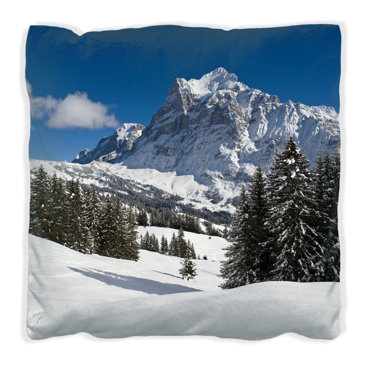 Wallario Berghang handgenäht unter Himmel, Verschneiter Dekokissen blauem