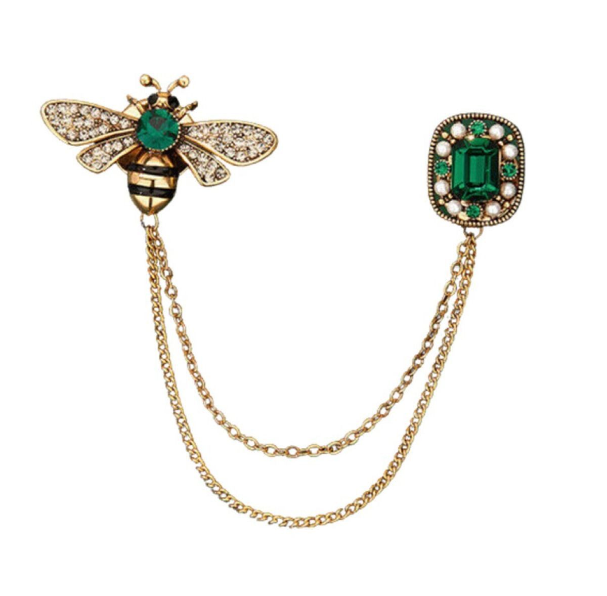 meytrade Brosche Pin Anstecknadel, Doppelbrosche, Biene mit Kette grün gold (1-tlg), Bienen Pin mit glänzenden Steinchen und Perlen für besondere Anlässe