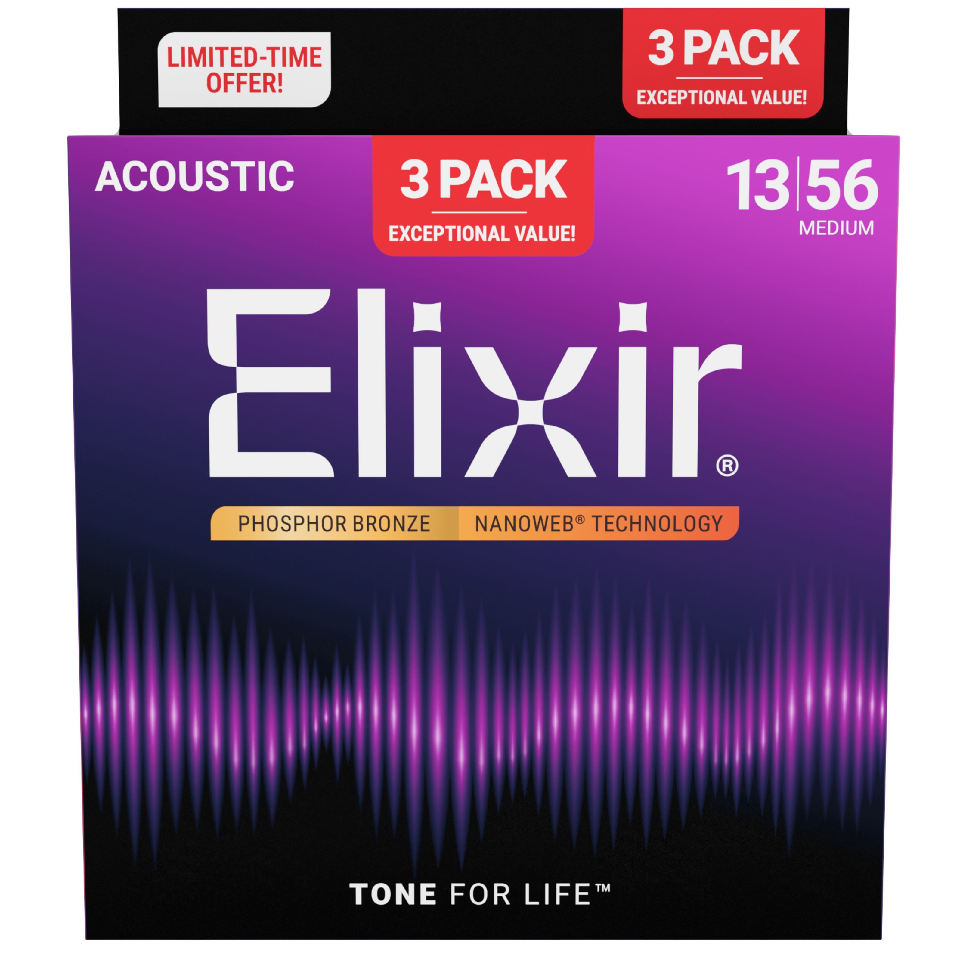 Elixir Saiten, 16570 Nanoweb Acoustic Ph Bronze 13-56 - 3 Pack -
