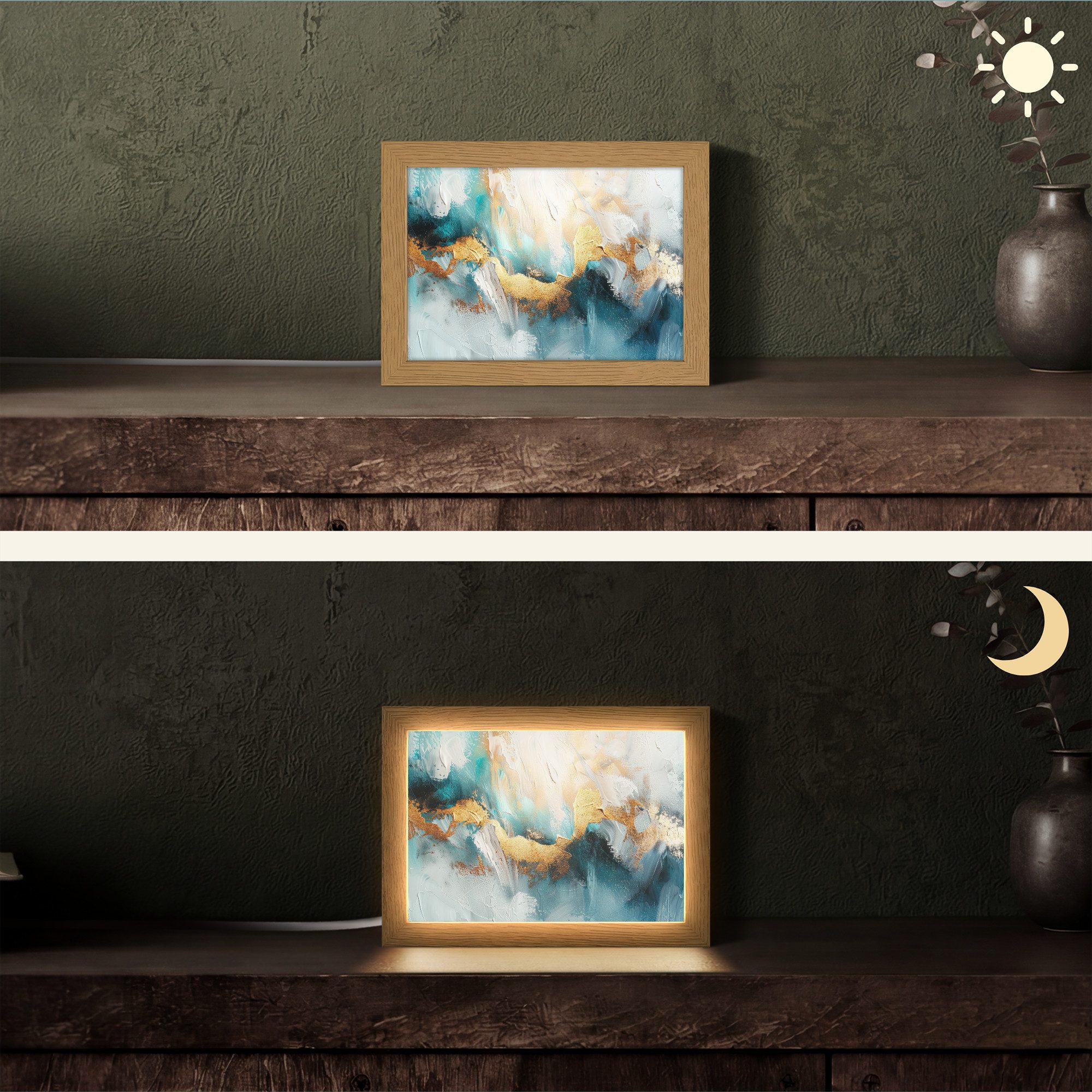 OnlyWow Tischleuchte Abstrakt - Kunst - Gold - Blau, Dimmbar, Farbwechsel, LED, Warmweiß, Kaltweiß, Neutralweiß Einstellbar, Tischlampe, Schreibtischlampe, Desk, Dimmbar, mit Kabel, LED
