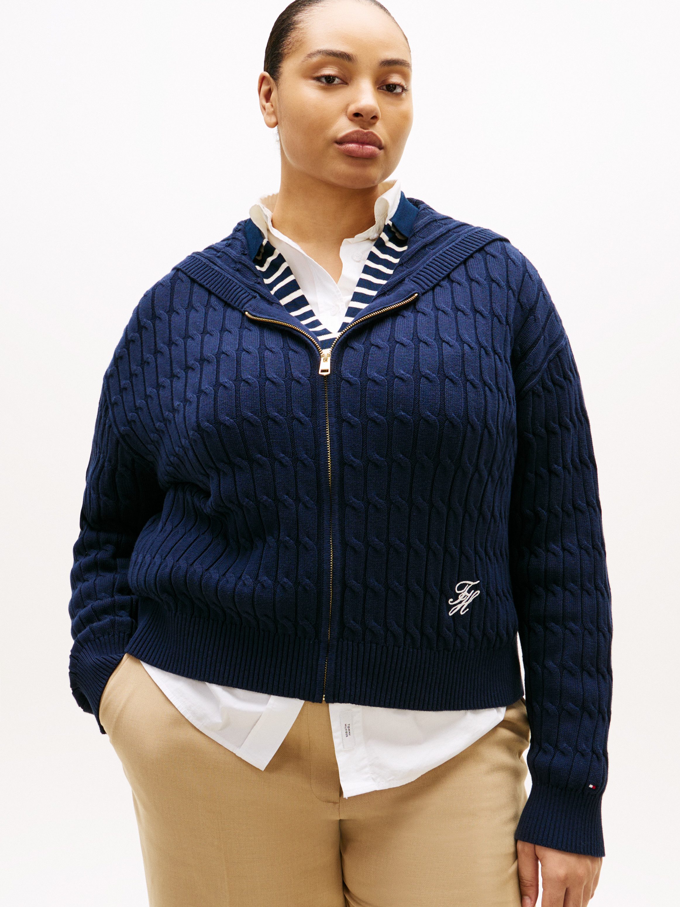 Tommy Hilfiger Curve Kapuzenstrickjacke CRV CO CABLE MID GG LS ZIP HOODY in großen Größen, mit Zopfmuster