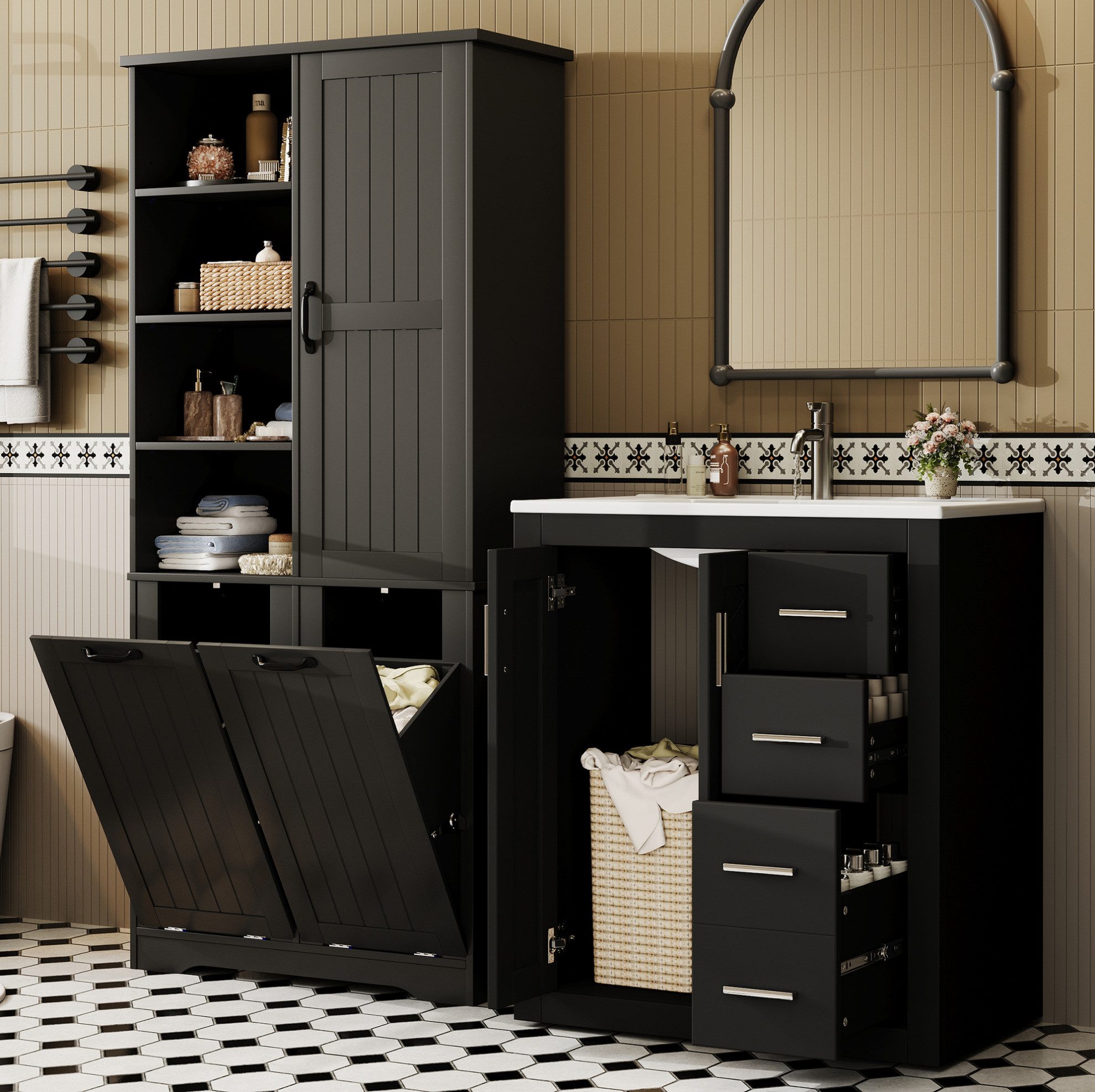 REDOM Badkommode Badezimmer-Waschtisch (schwarzes MDF-Set mit Keramikwaschbecken und Wäschesystem, 1 St., Waschtisch 76×46,5×85,5 cm + Schrank 78×35×172 cm), mit 2 verstellbaren Regalen