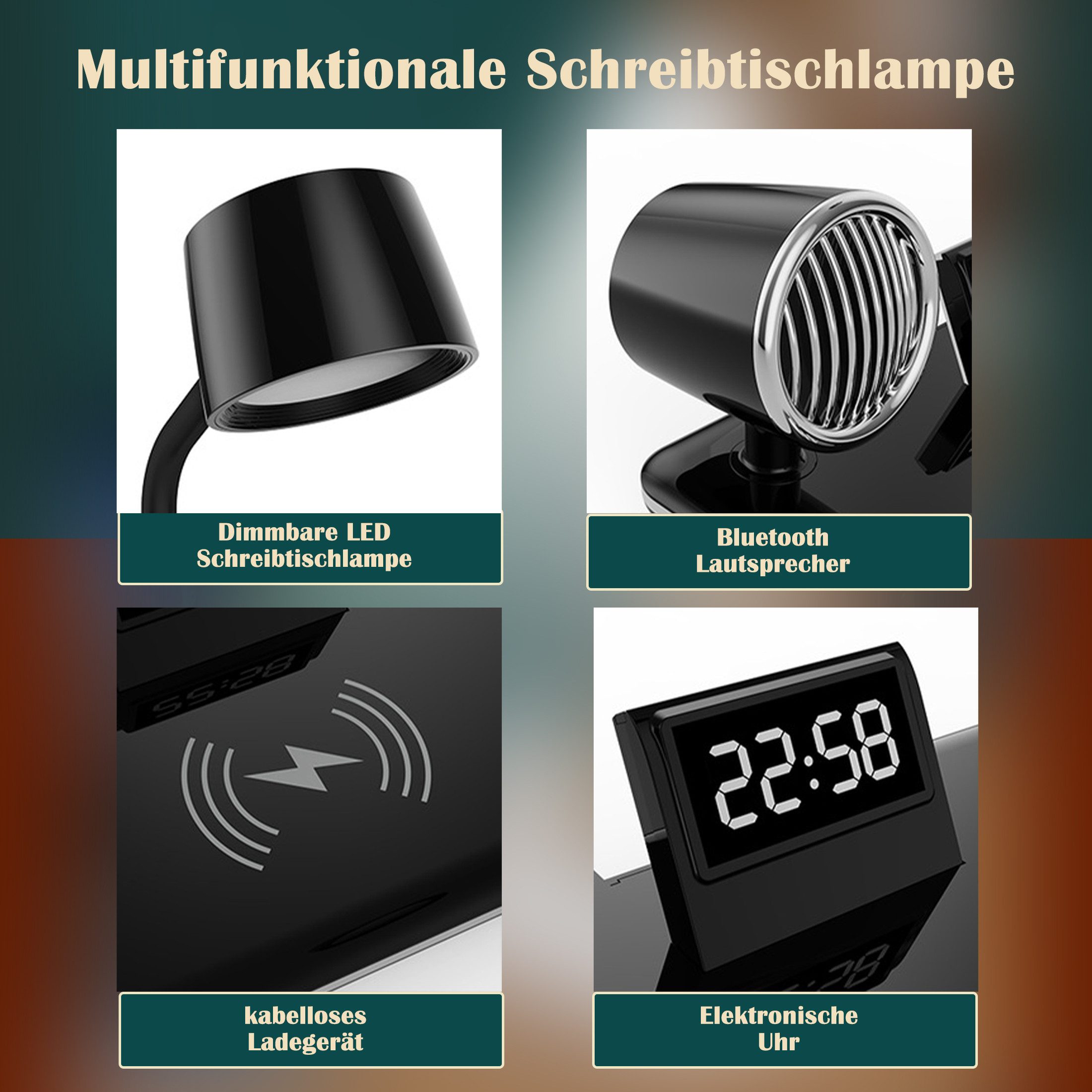 Fyrove LED Schreibtischlampe mit kabellosem Ladegerät & Bluetooth-Lautsprecher, dimmbar, 3 Farben, Touch, Alarm, USB-C – Bild 2 von 5