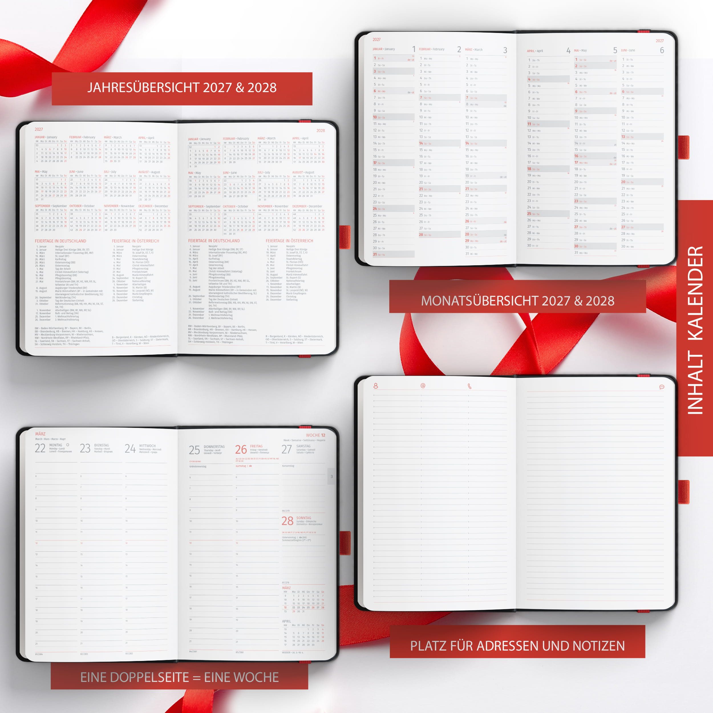 TOBJA Buchkalender Buchkalender 2027 A5 Nero Rot Hardcover Halbstunden 1 Woche 2 Seiten, Halbstunden-Taktung, FSC-Papier, Hardcover, mehrsprachig – Bild 5 von 5
