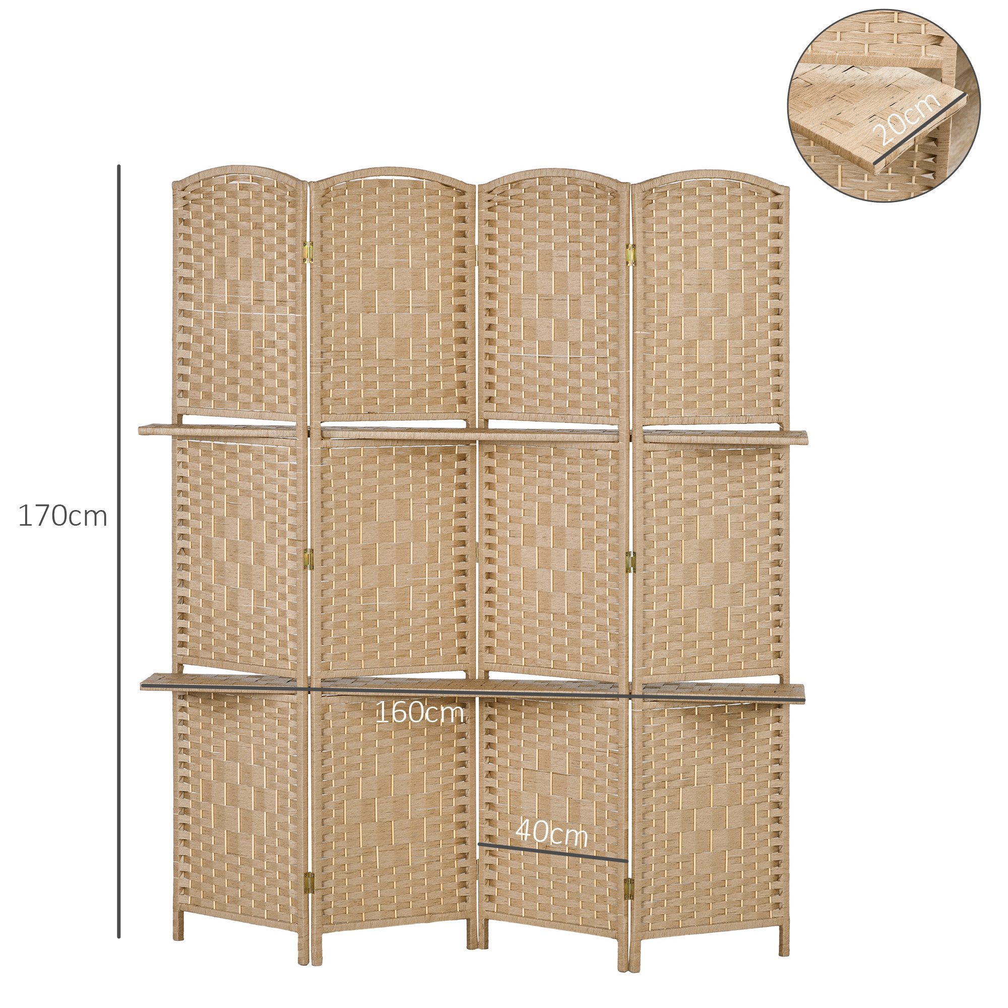 HOMCOM Paravent Raumteiler, 160 x 170 cm, Trennwand, Kiefernholz (Set, 4 St., 4-teilig, mit 2 Regalen), 4-teilig, faltbar, mit 2 Regalböden