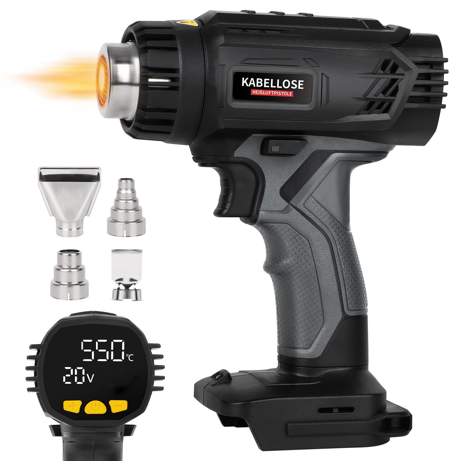 Heißluftgebläse Schnurlose Heißluftpistole mit LCD-Display 400W, bis max. 550 °C
