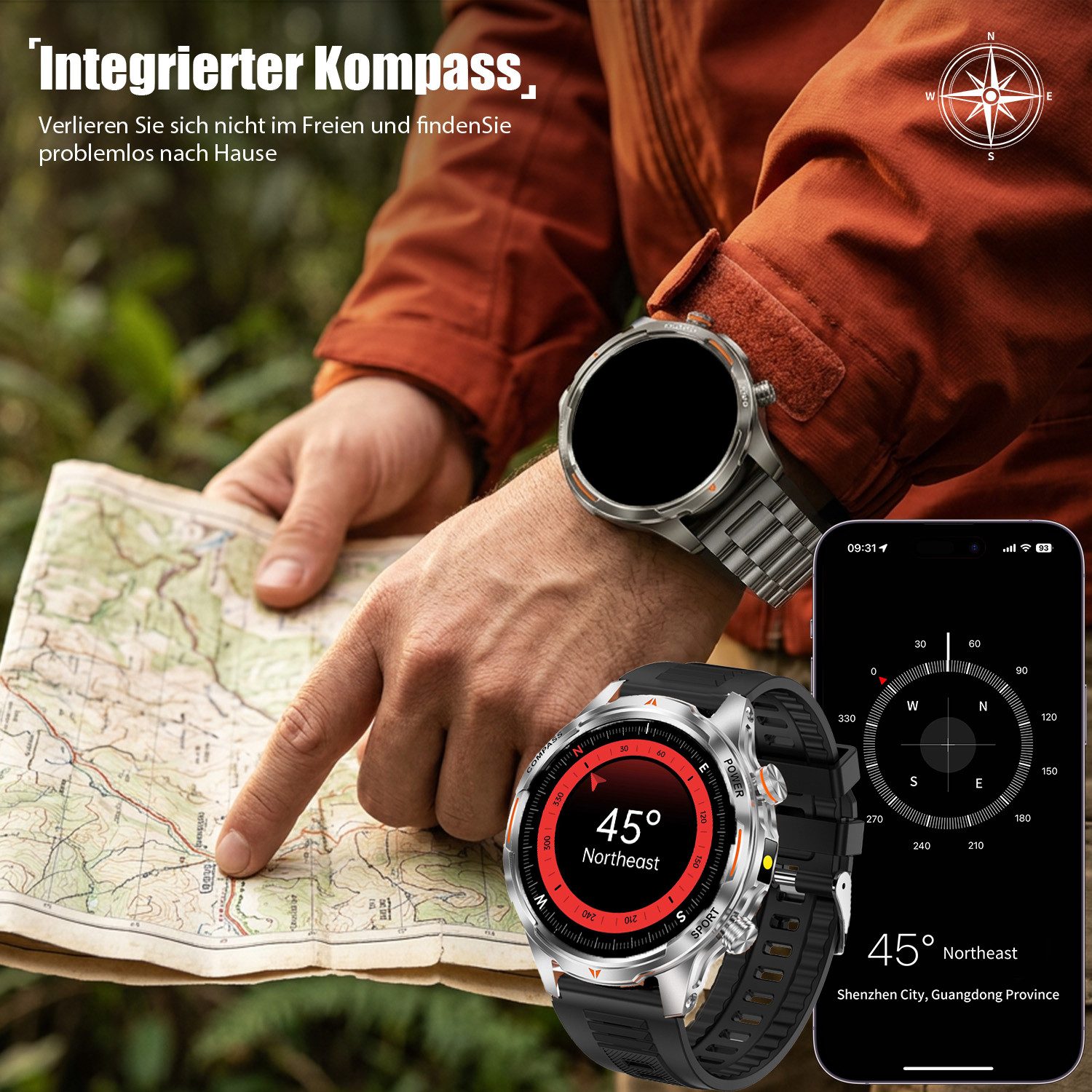 ANYSUN Smartwatch Herren,Sportuhr mit LED Taschenlampe & Kompass, Smartwatch (1,7 Zoll) IP68 Wasserdicht,100+ Sportmodi,mit Bluetooth,Fitness Tracker, Puls-SpO2-Schlaf-Monitor,Schrittzähler,2 Armbändern,für Android iOS