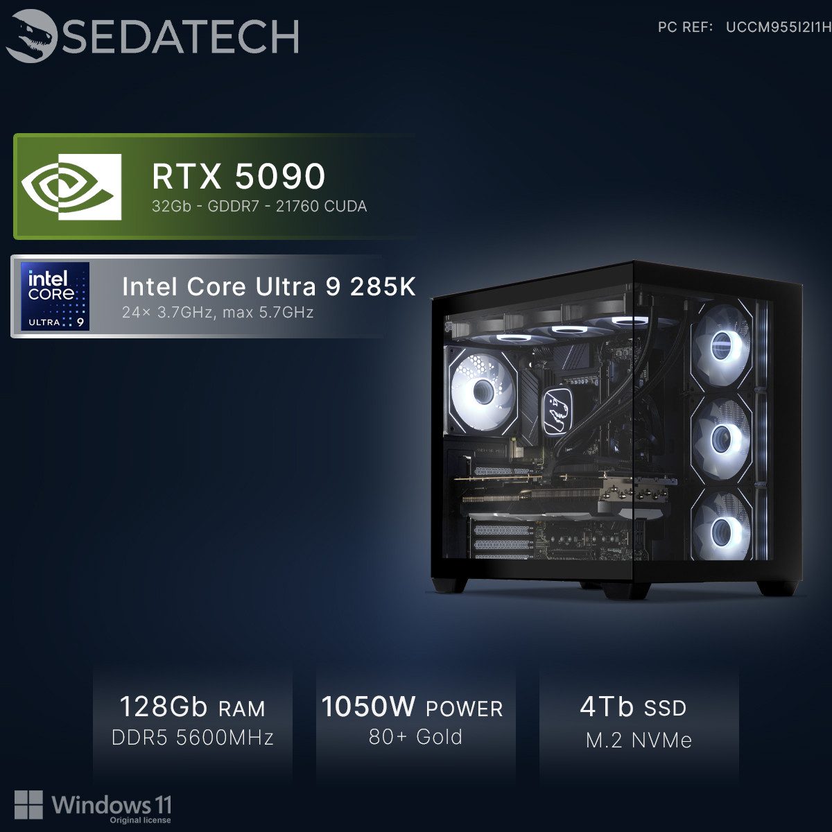 Sedatech UCCM955I2I1HF - Watercooling Gaming-PC (Intel Intel Core Ultra 9 Intel Core Ultra 9 285K 24x 3.7GHz (max 5.7GHz), Geforce RTX5090 32GB, 128 GB RAM, 4000 GB SSD, Watercooling, Wlan 7)